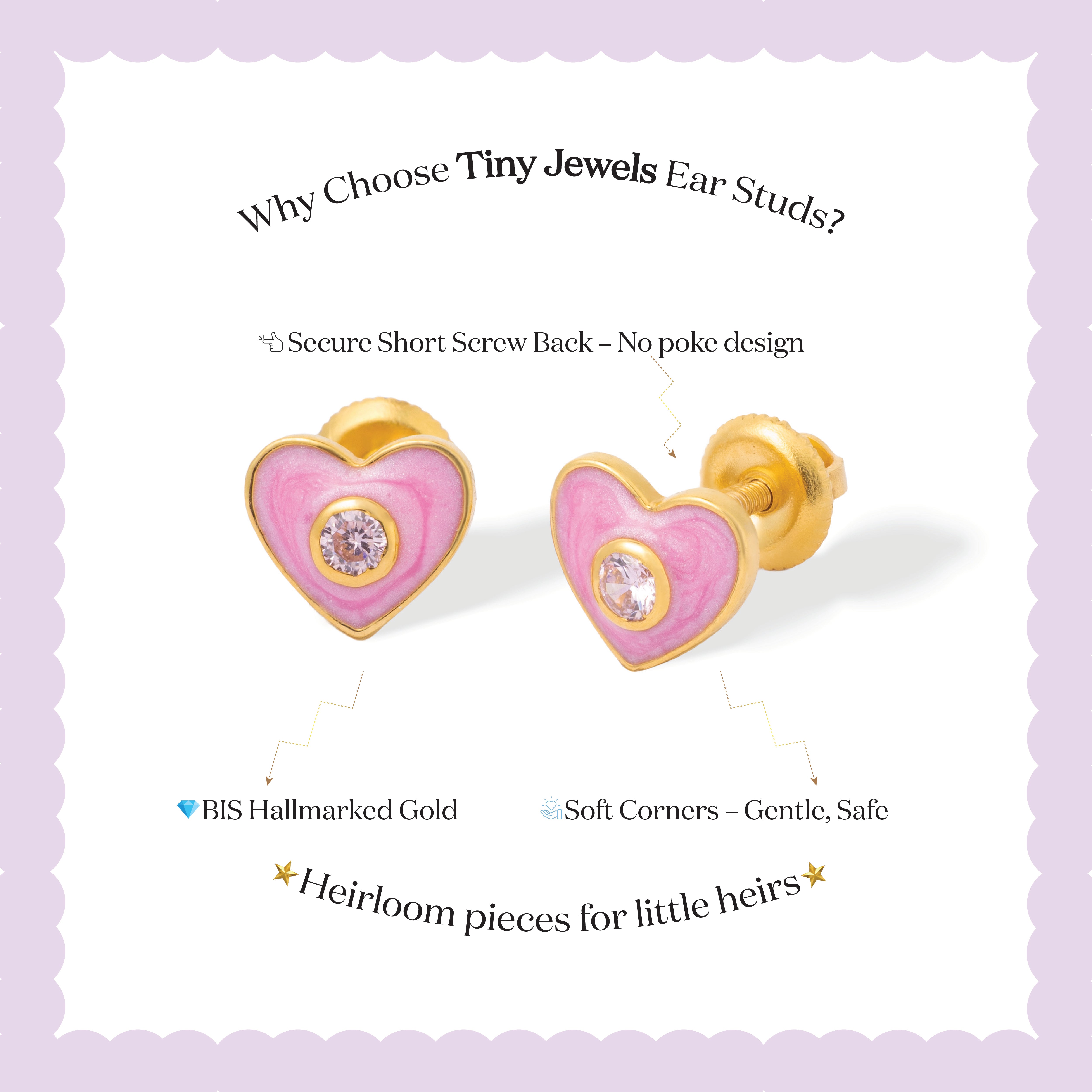Tiny Jewels heart-shaped earrings with pink enamel and gold accents on a light purple background.
