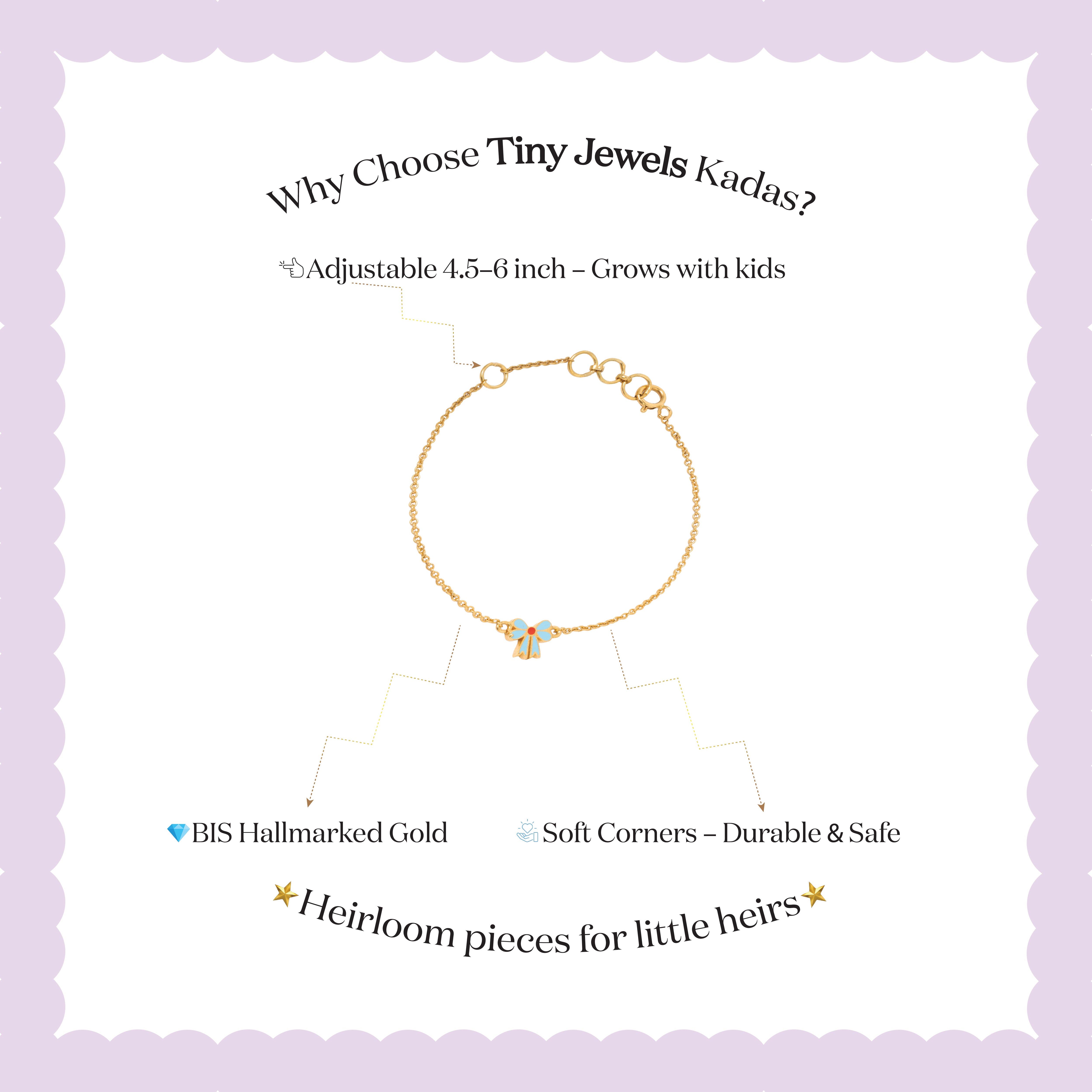 Tiny Jewels gold bracelet with text on a light purple background