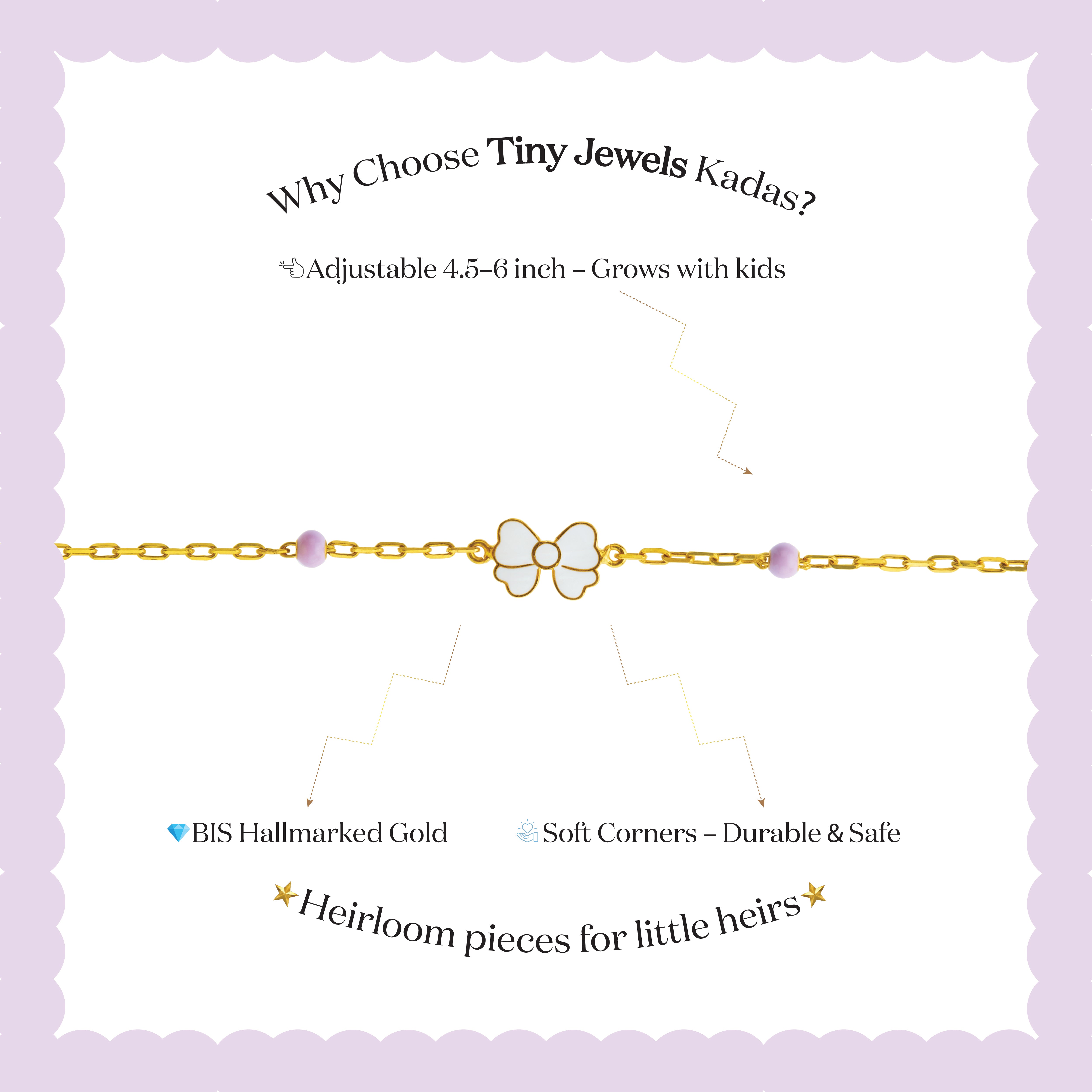 Tiny Jewels branding and product information for Tiny Jewels Kadas on a light purple background