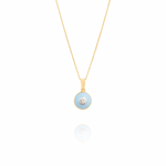 Gold necklace with a blue pendant on a white background  bubble_Pop_Pendant  Tiny Jewels.