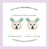 Tiny Jewels cartoon bunny ear studs with text on a light purple background