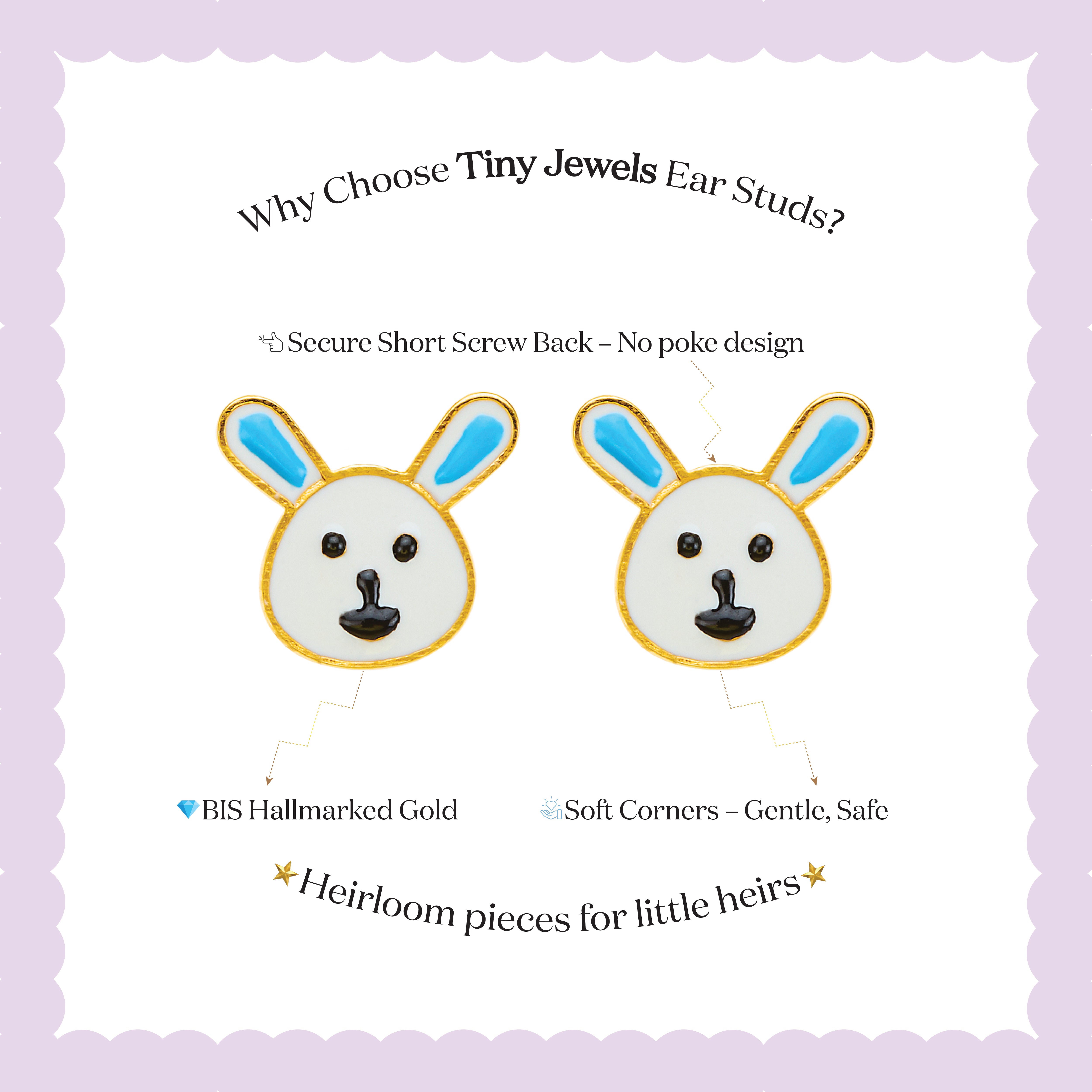 Tiny Jewels cartoon bunny ear studs with text on a light purple background