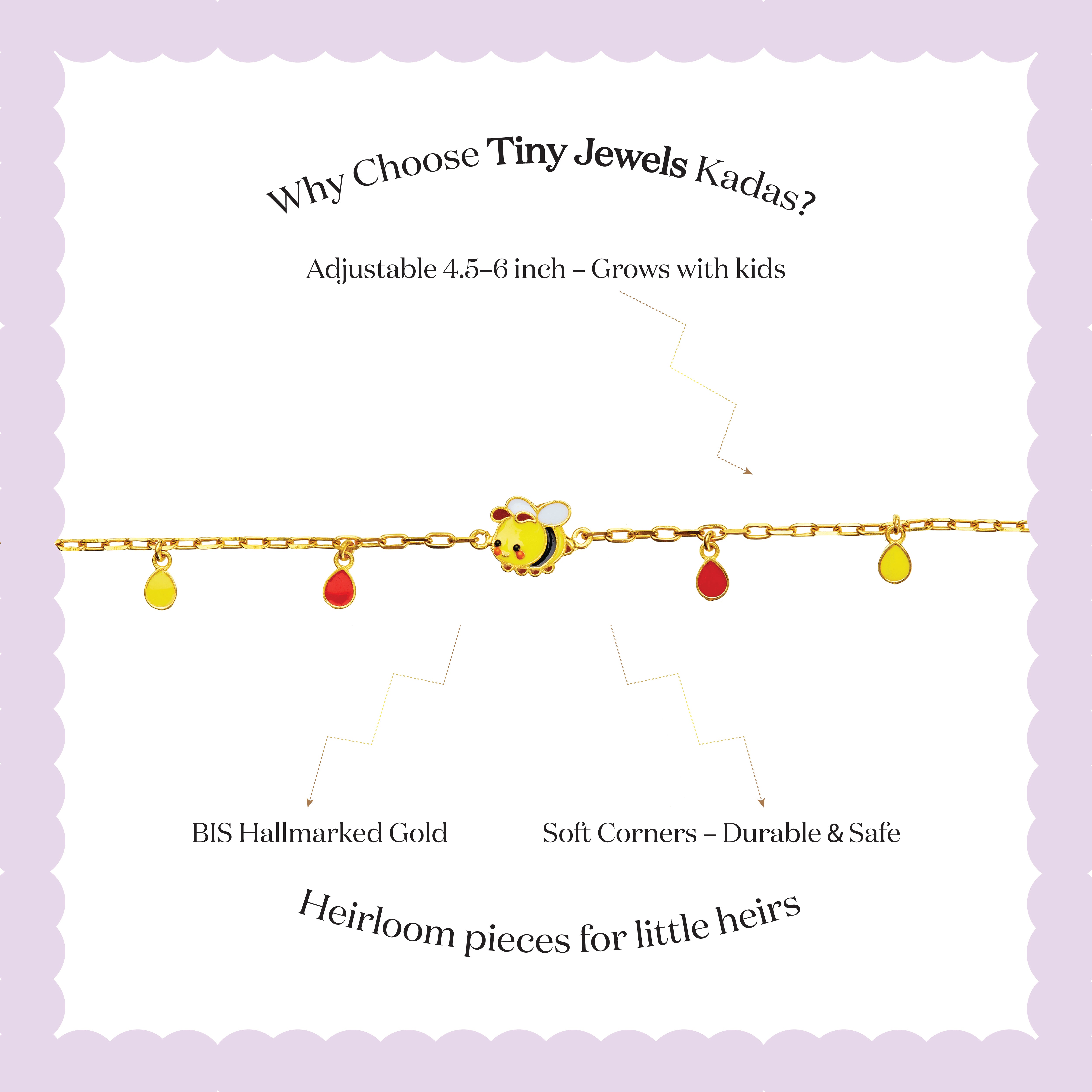 Tiny Jewels bracelet with bee charm on a wrist against a black background 