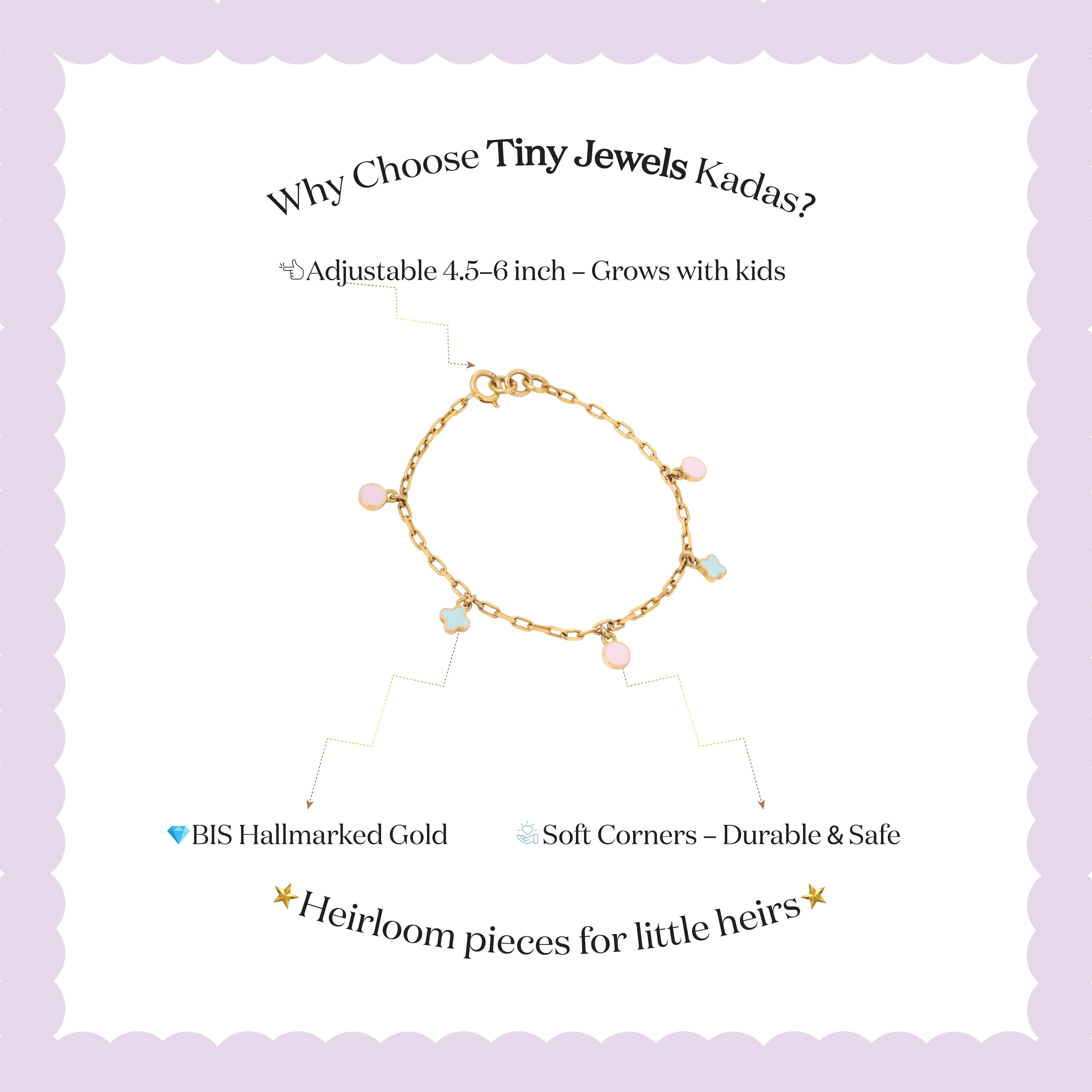 Tiny Jewels gold bracelet with colorful stones on a white background with promotional text about Tiny Jewels Kadas.