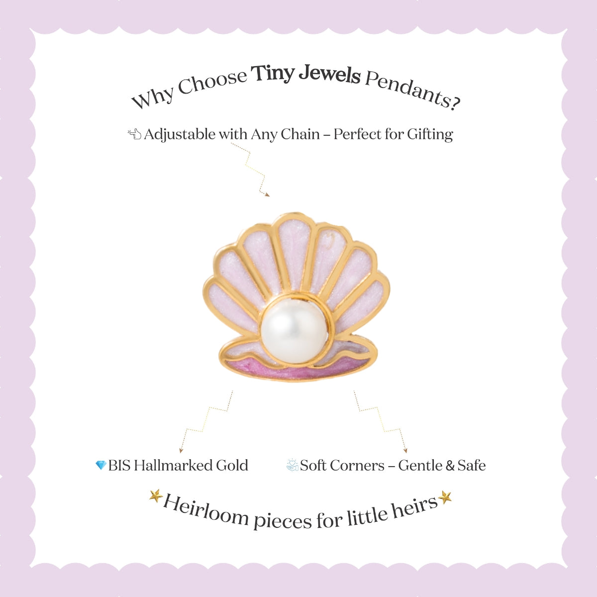 Tiny Jewels shell-shaped pendant with a pearl on a white card with text about Tiny Jewels Pendants.