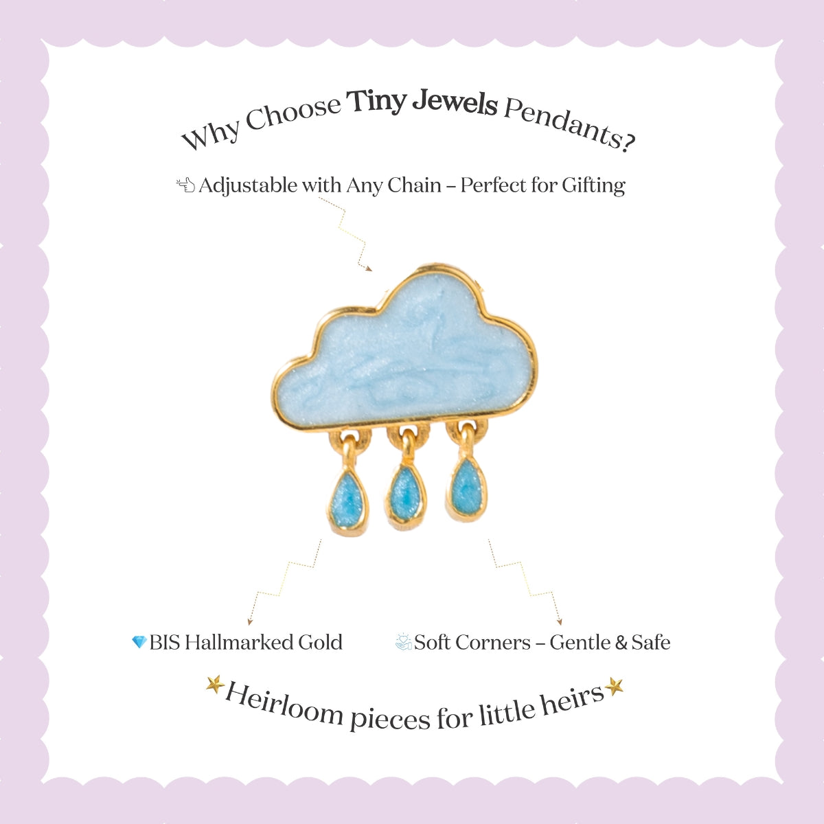 Tiny Jewels cloud-shaped pendant with blue stones on a light purple background