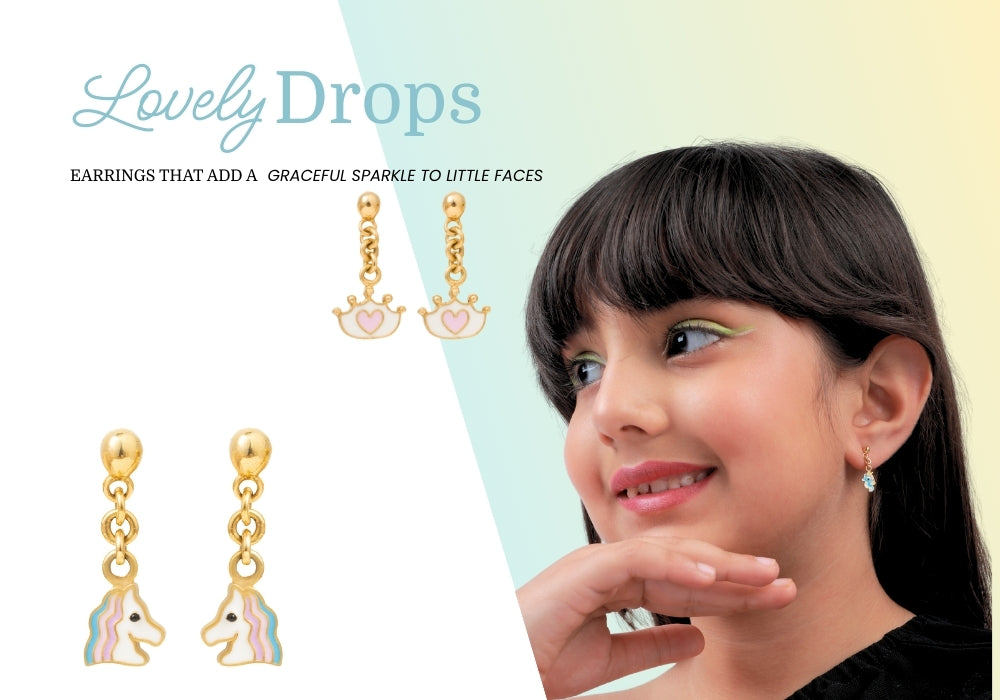 Tiny jewels Drops advertisement for 'Lovely Drops' earrings featuring a young girl wearing the earrings.