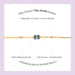 Tiny Jewels gold bracelet with butterfly charm on a white background with promotional text.