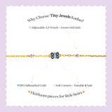 Tiny Jewels gold bracelet with butterfly charm on a white background with promotional text.