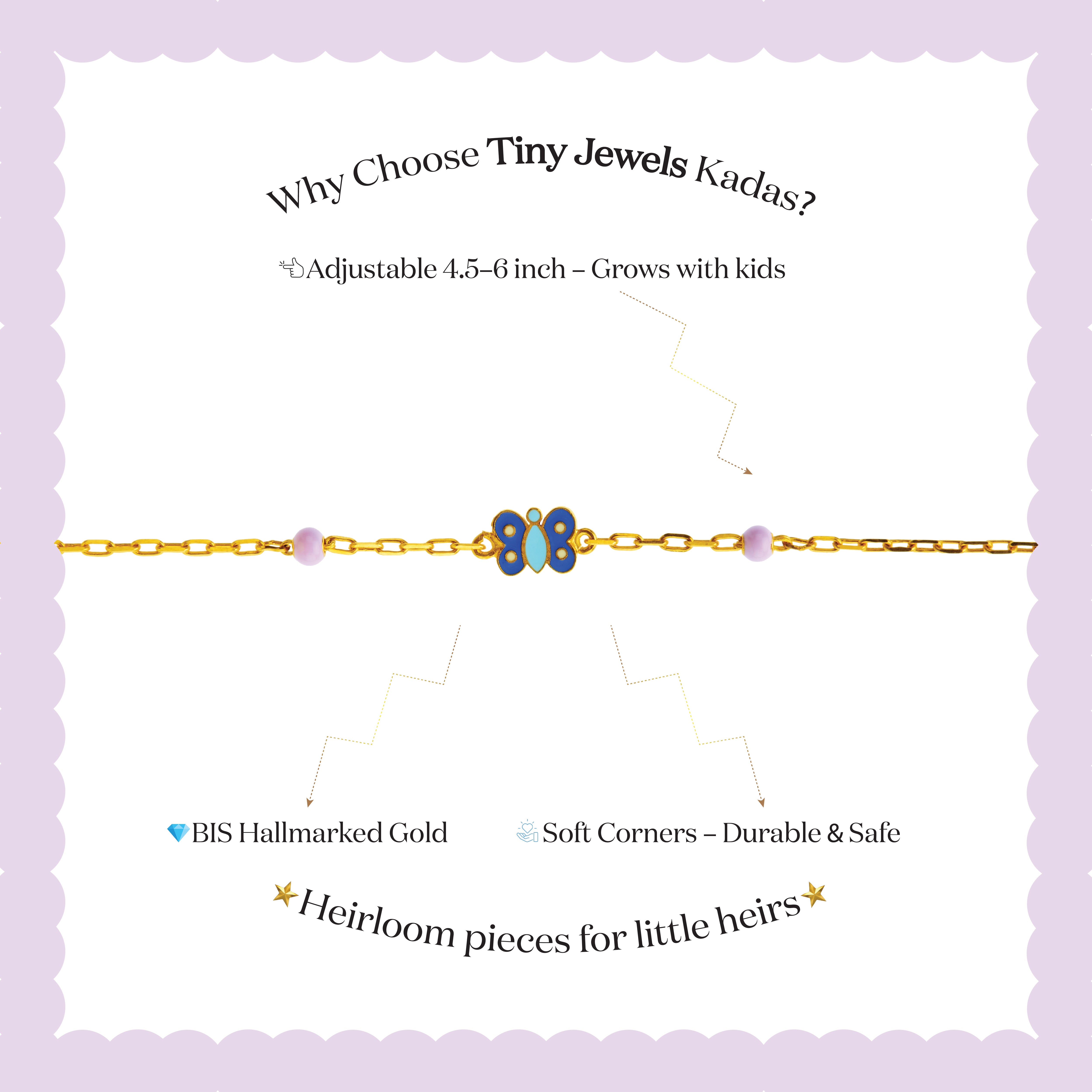 Tiny Jewels gold bracelet with butterfly charm on a white background with promotional text.