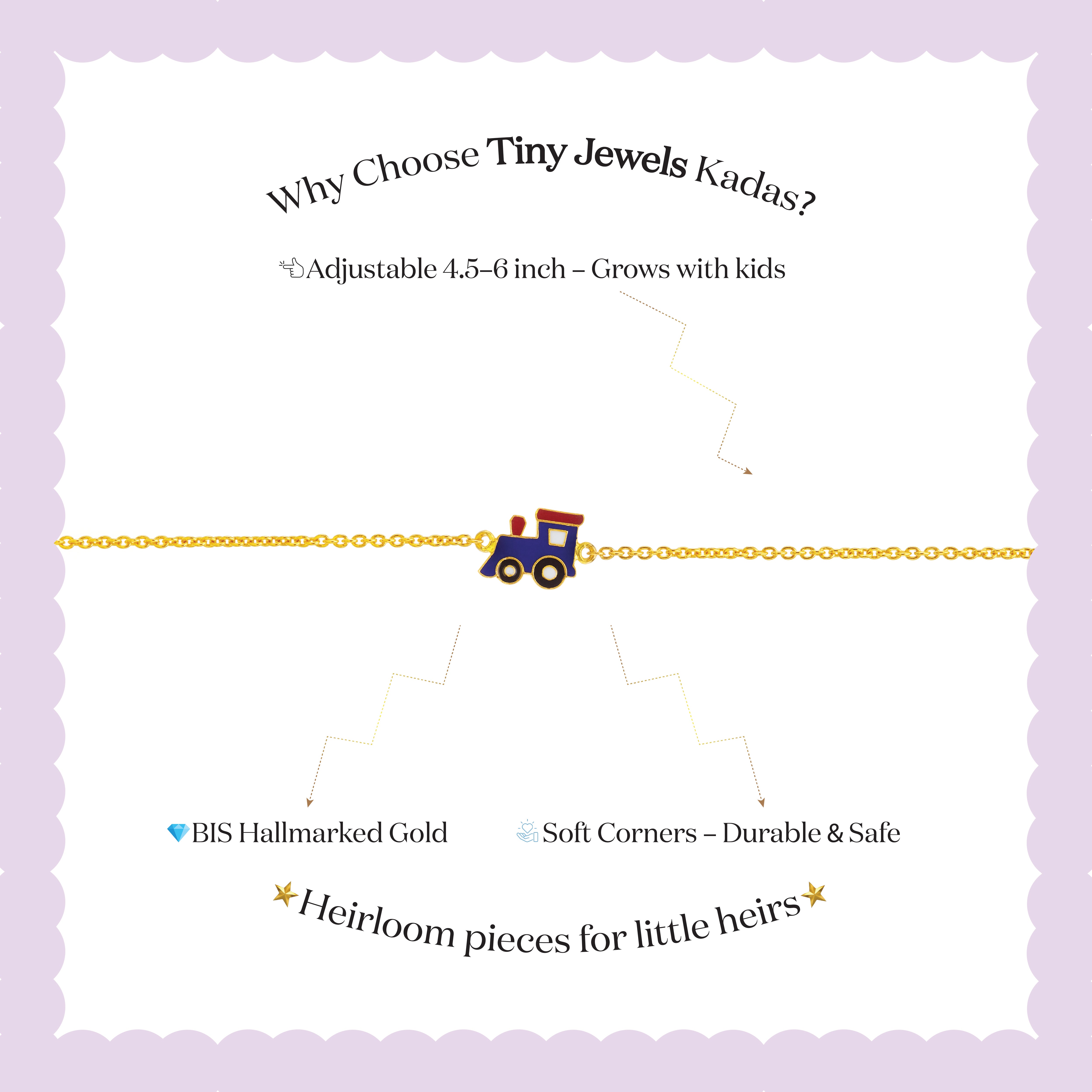 Tiny Jewels promotional text about Tiny Jewels Kadas on a white background with a purple border.