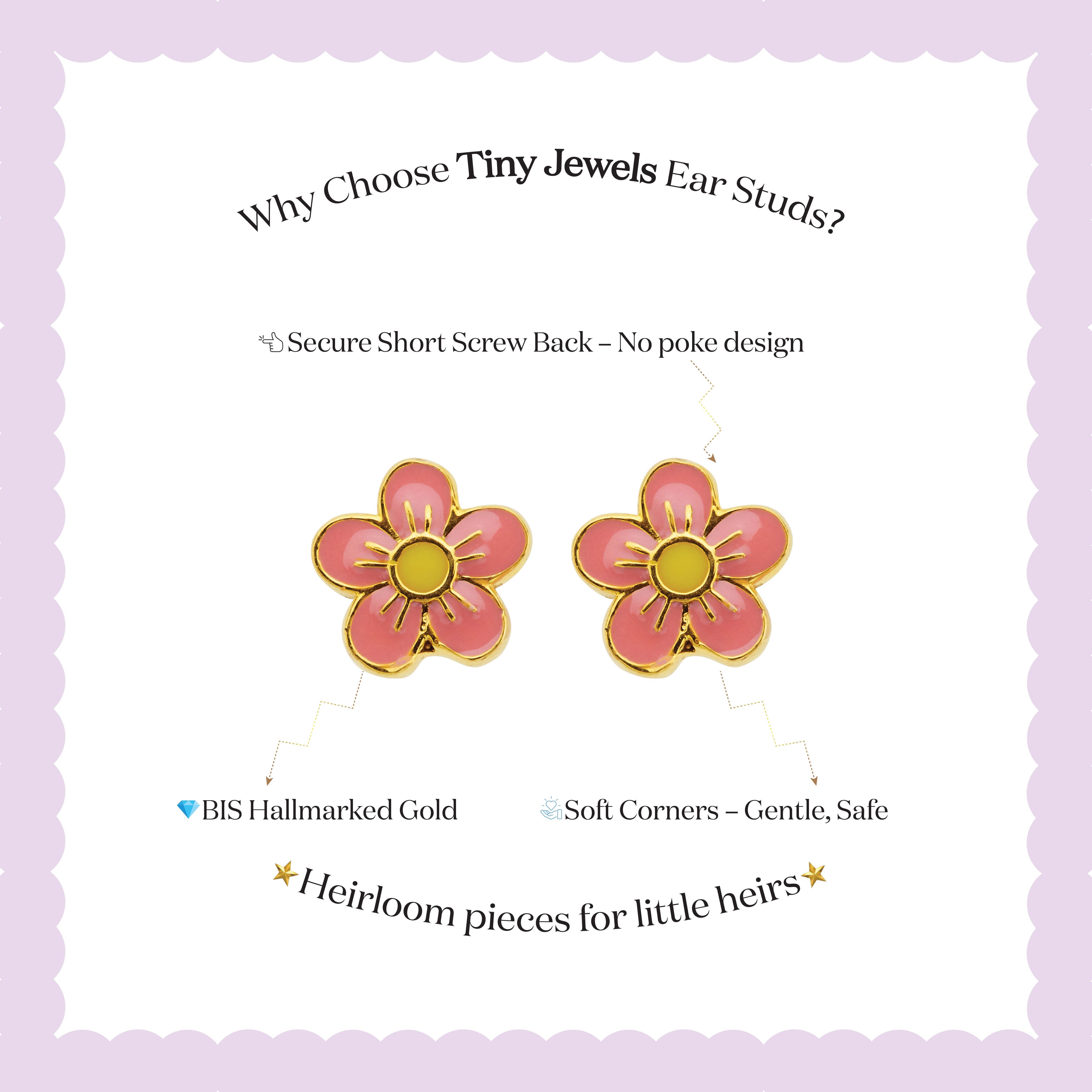 Tiny Jewels flower-shaped earrings with pink petals and yellow centers on a white card with text about the product.