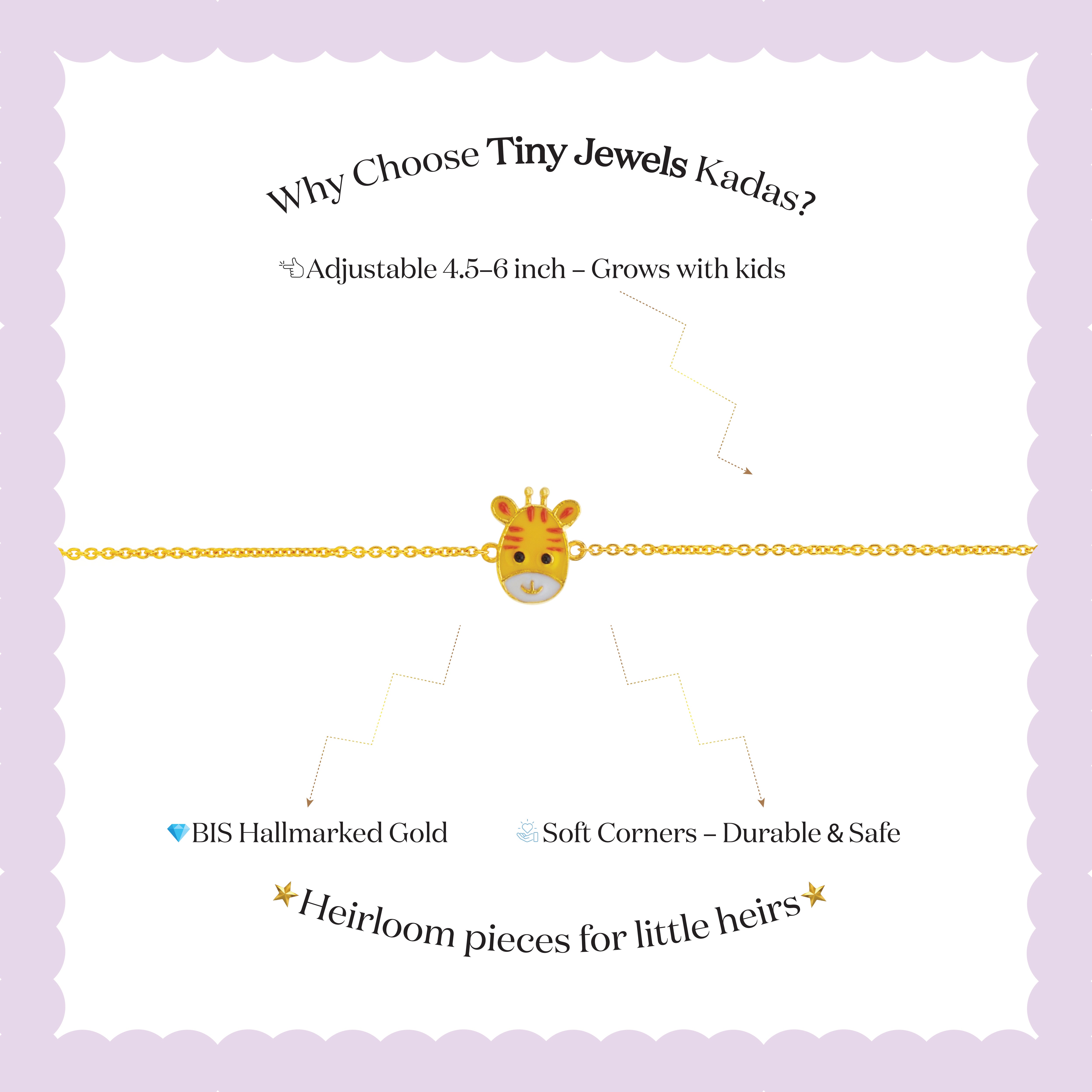Tiny Jewels gold bracelet with a giraffe design on a white background with text about Tiny Jewels Kadas.