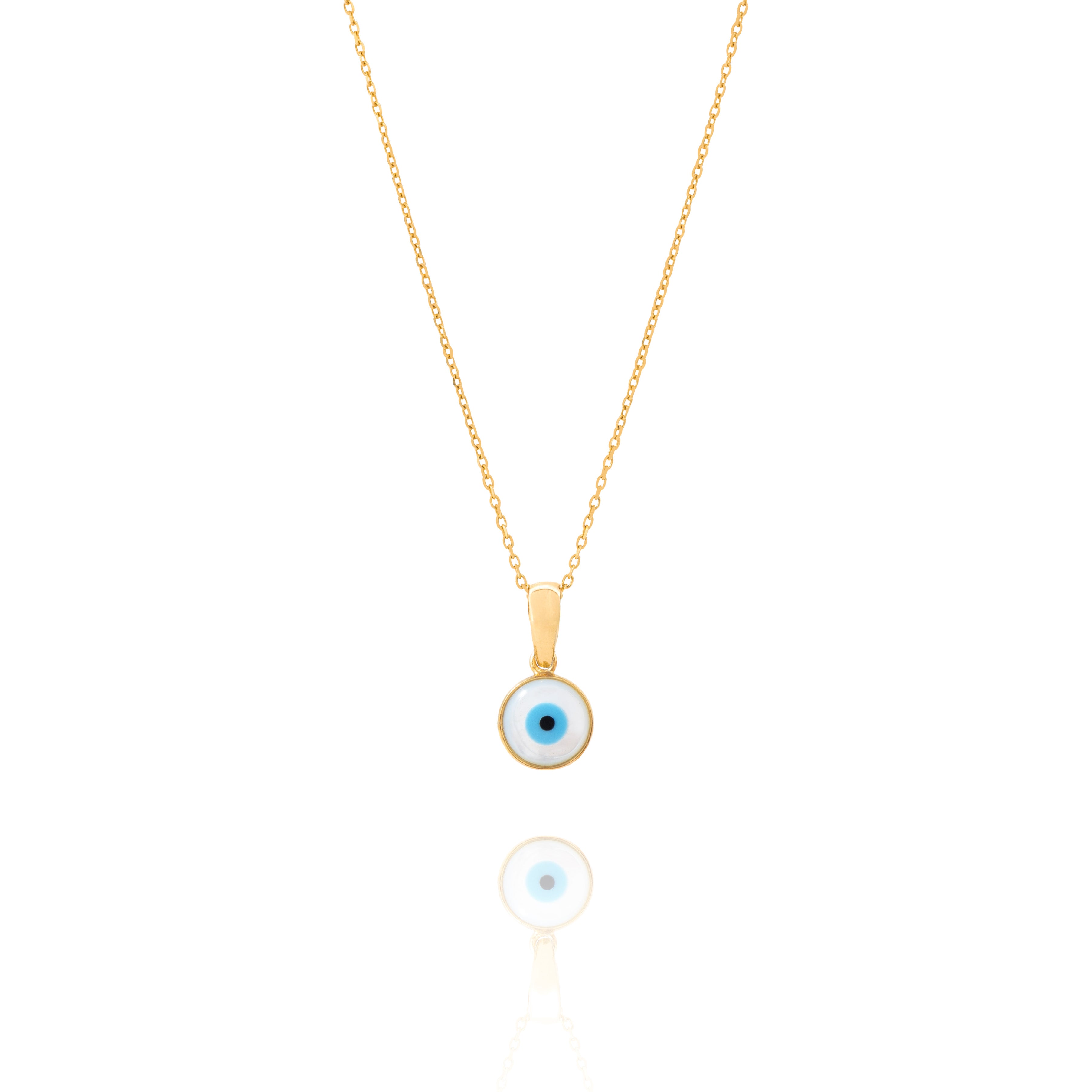 Tiny Jewels gold necklace with a blue evil eye pendant on a white background