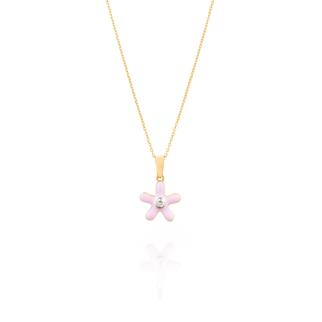 Tiny Jewels necklace with a pink flower pendant on a white background Itsy Flower Pendants.