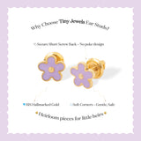 Tiny Jewels purple flower-shaped earrings with gold accents on a white card with text about the product.