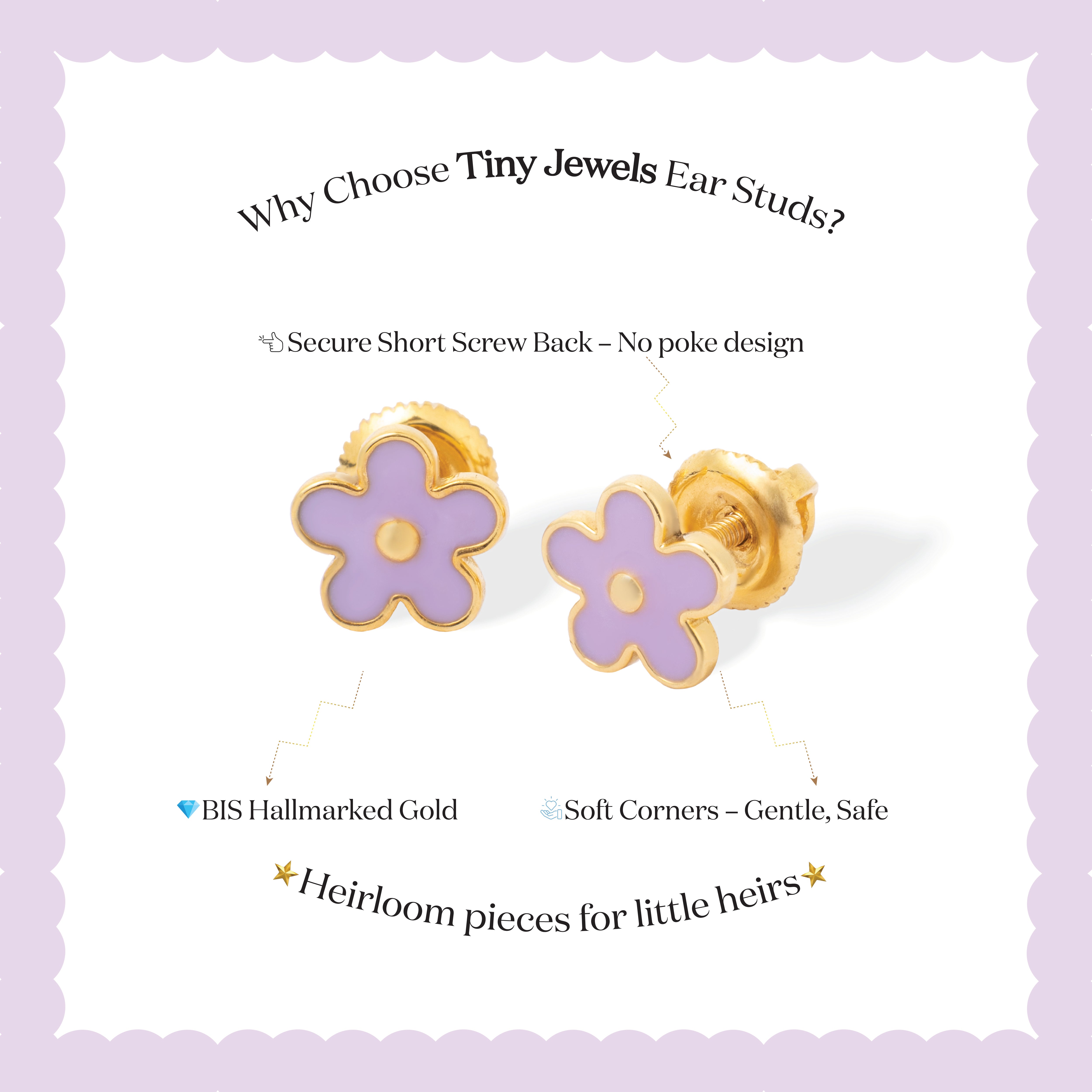 Tiny Jewels purple flower-shaped earrings with gold accents on a white card with text about the product.