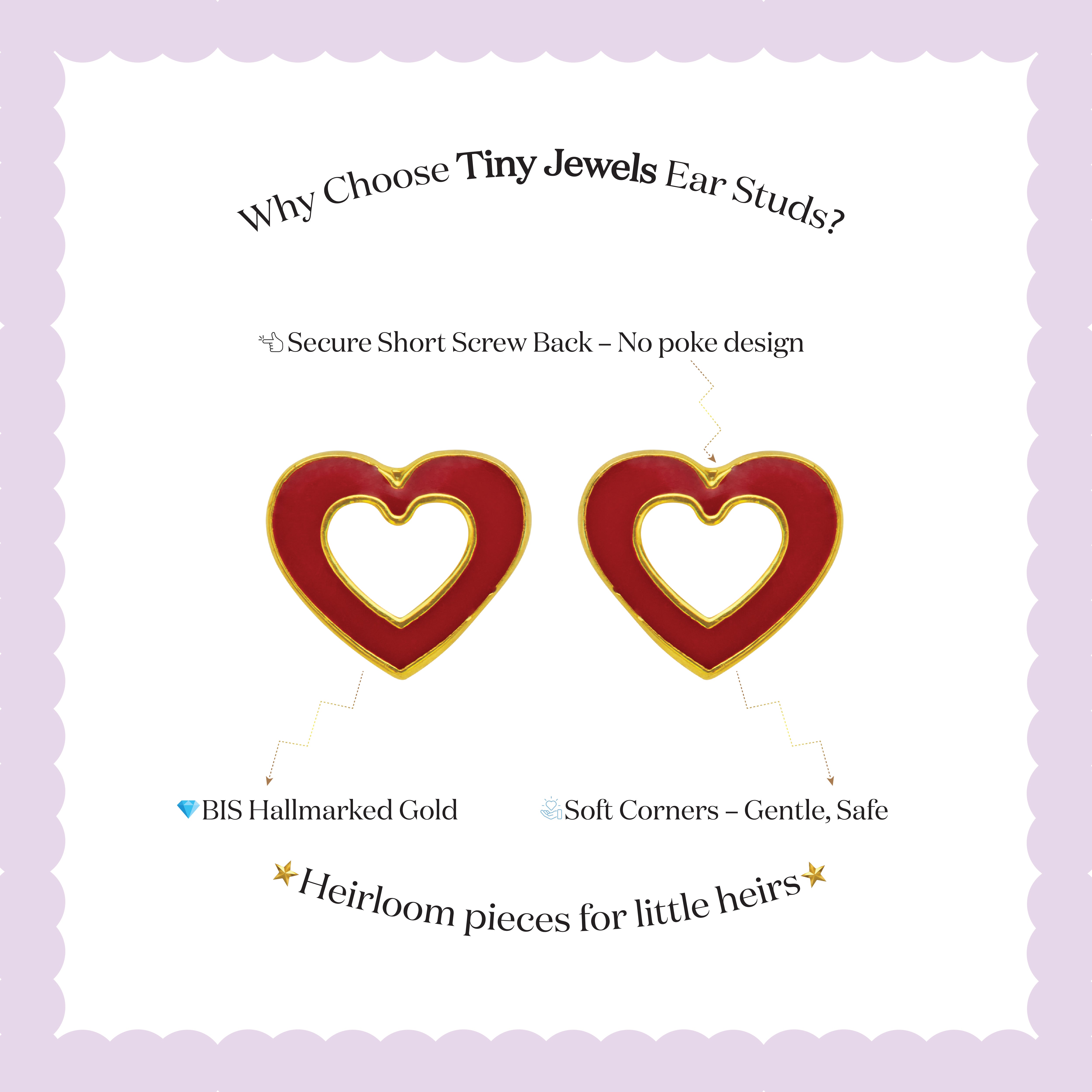 Tiny Jewels heart-shaped gold earrings on a white card with purple border and text about the product.