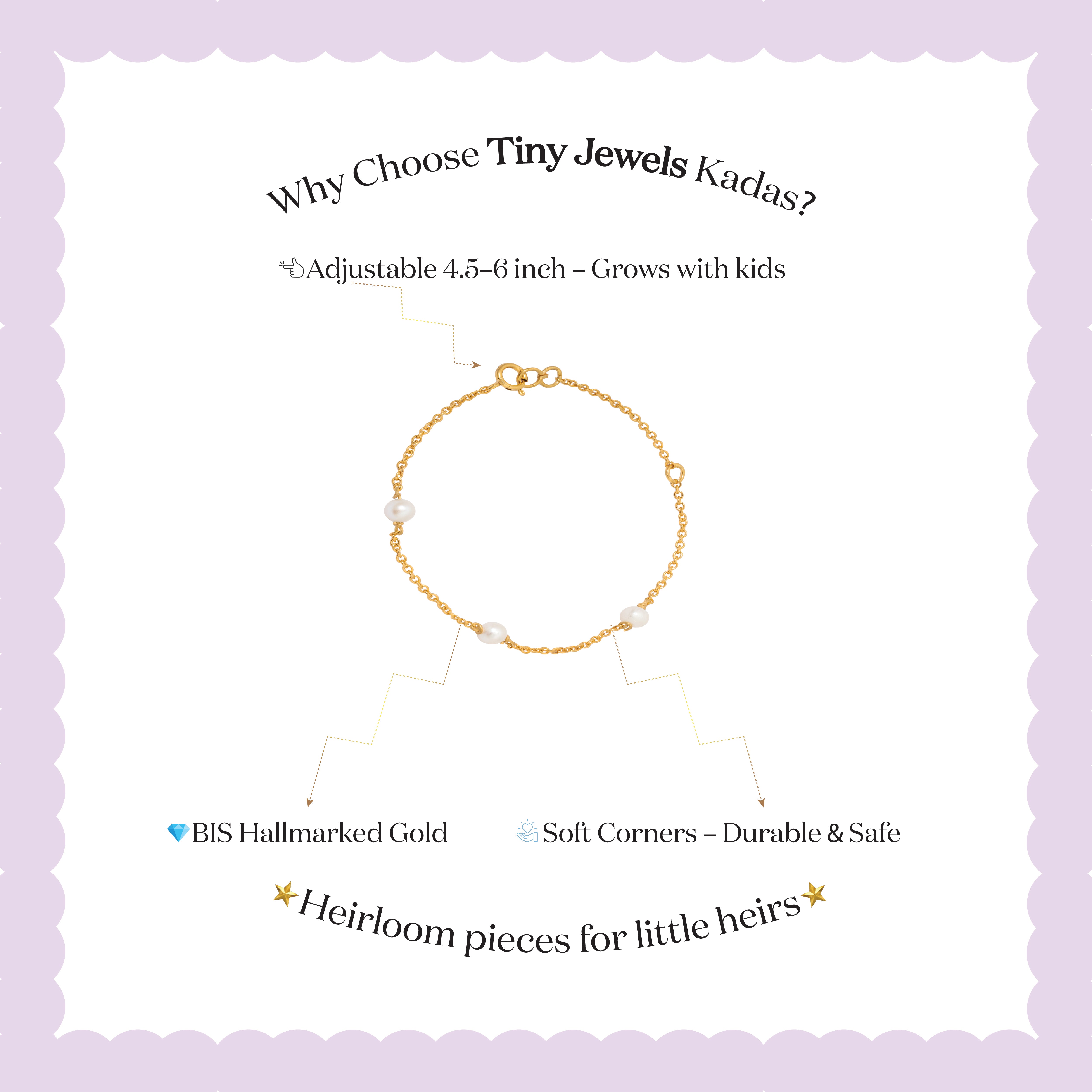 Tiny Jewels gold bracelet on a white background with text about Tiny Jewels Kadas
