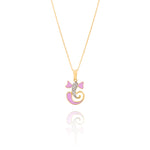 Gold necklace with a pink cat-shaped pendant on a white background  Tiny Jewels.