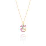Gold necklace with a pink cat-shaped pendant on a white background  Tiny Jewels.