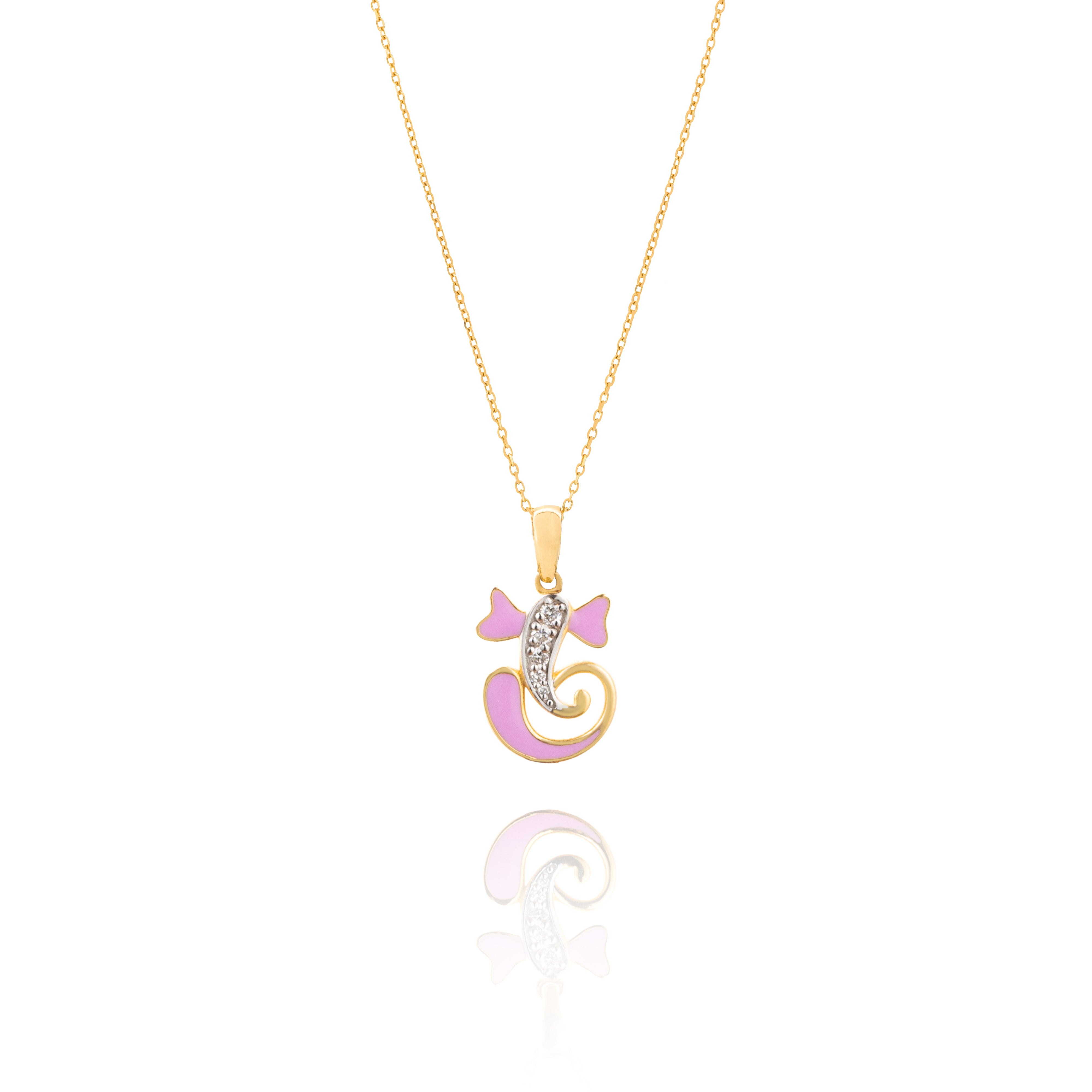 Gold necklace with a pink cat-shaped pendant on a white background  Tiny Jewels.