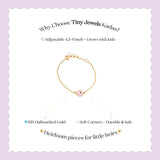 Tiny Jewels gold bracelet with a pink charm on a white background with promotional text about Tiny Jewels Kadas.