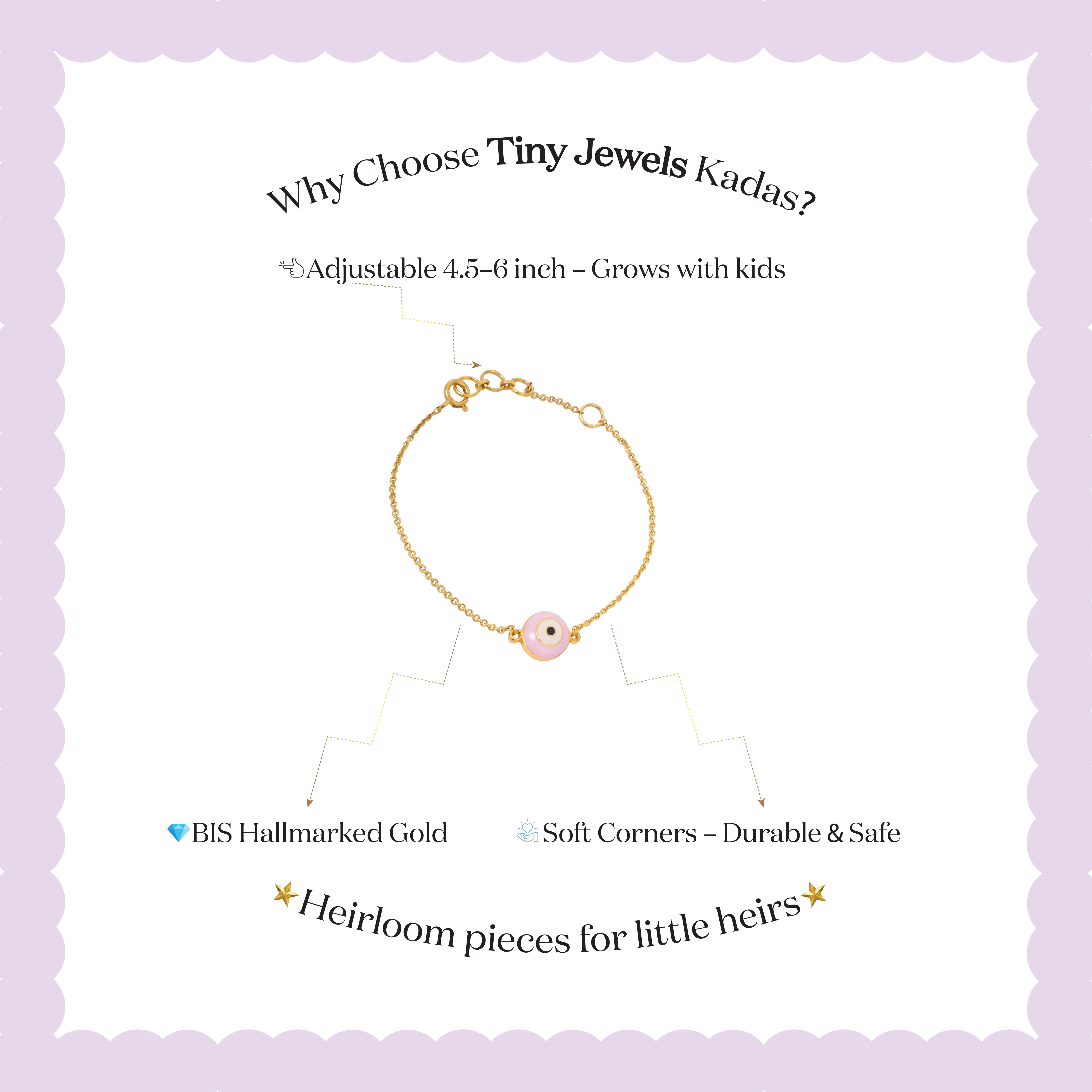 Tiny Jewels gold bracelet with a pink charm on a white background with promotional text about Tiny Jewels Kadas.