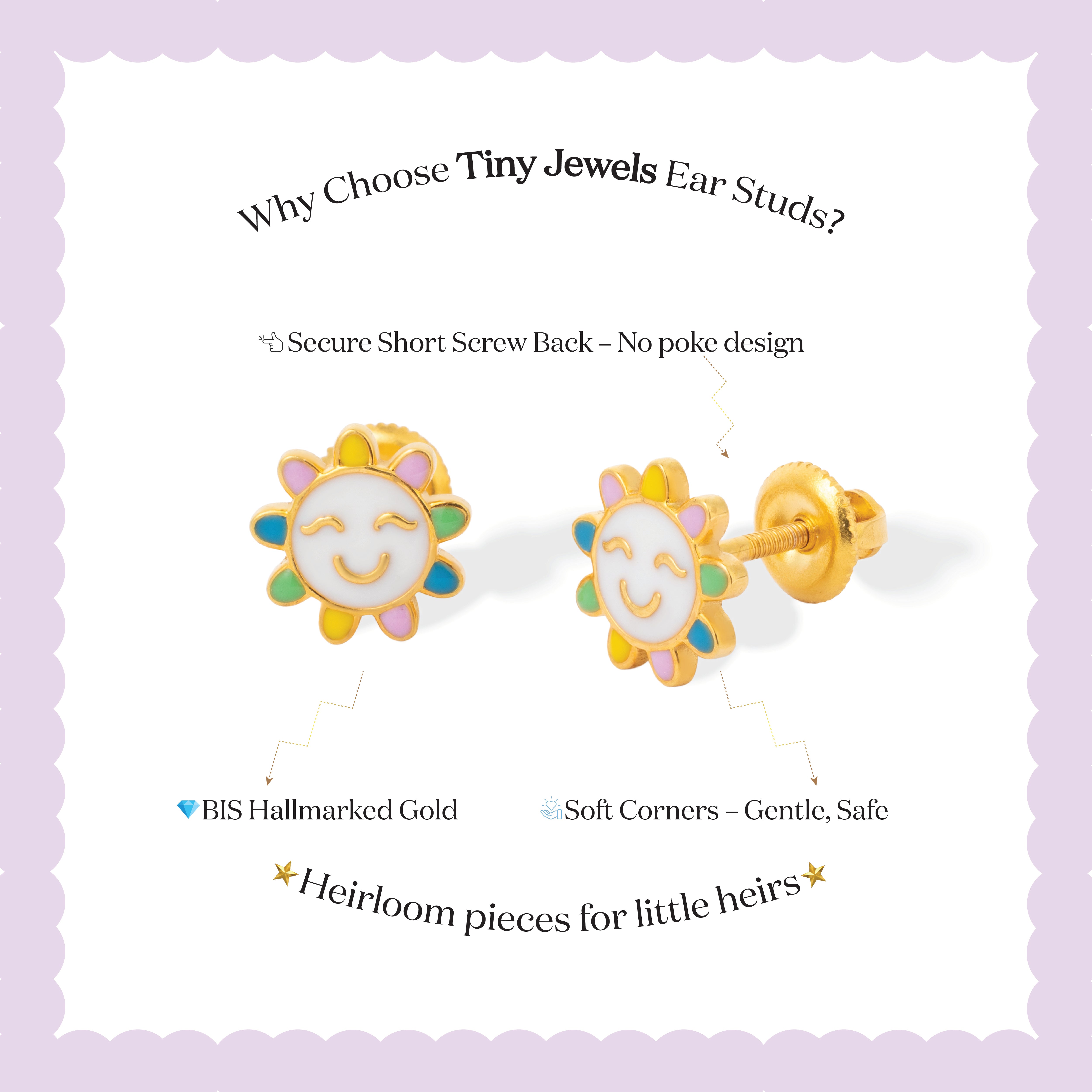 Tiny Jewels sun-shaped earrings with colorful accents on a white background with text about Tiny Jewels ear studs.