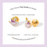 Tiny Jewels gold swan-shaped earrings with purple accents on a white card against a light purple background.