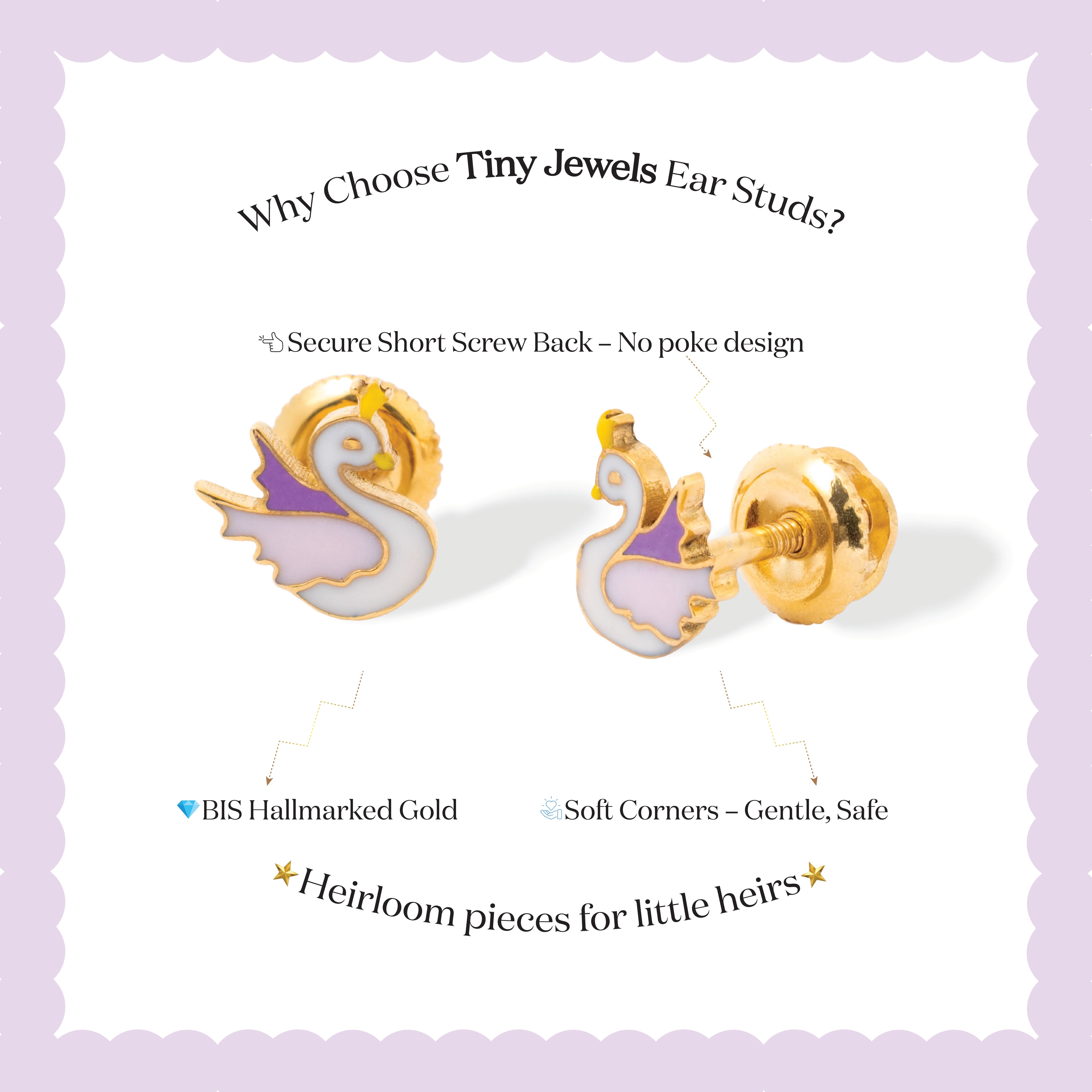 Tiny Jewels gold swan-shaped earrings with purple accents on a white card against a light purple background.