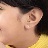 Tiny Jewels close-up of an ear wearing a small earring with a yellow background