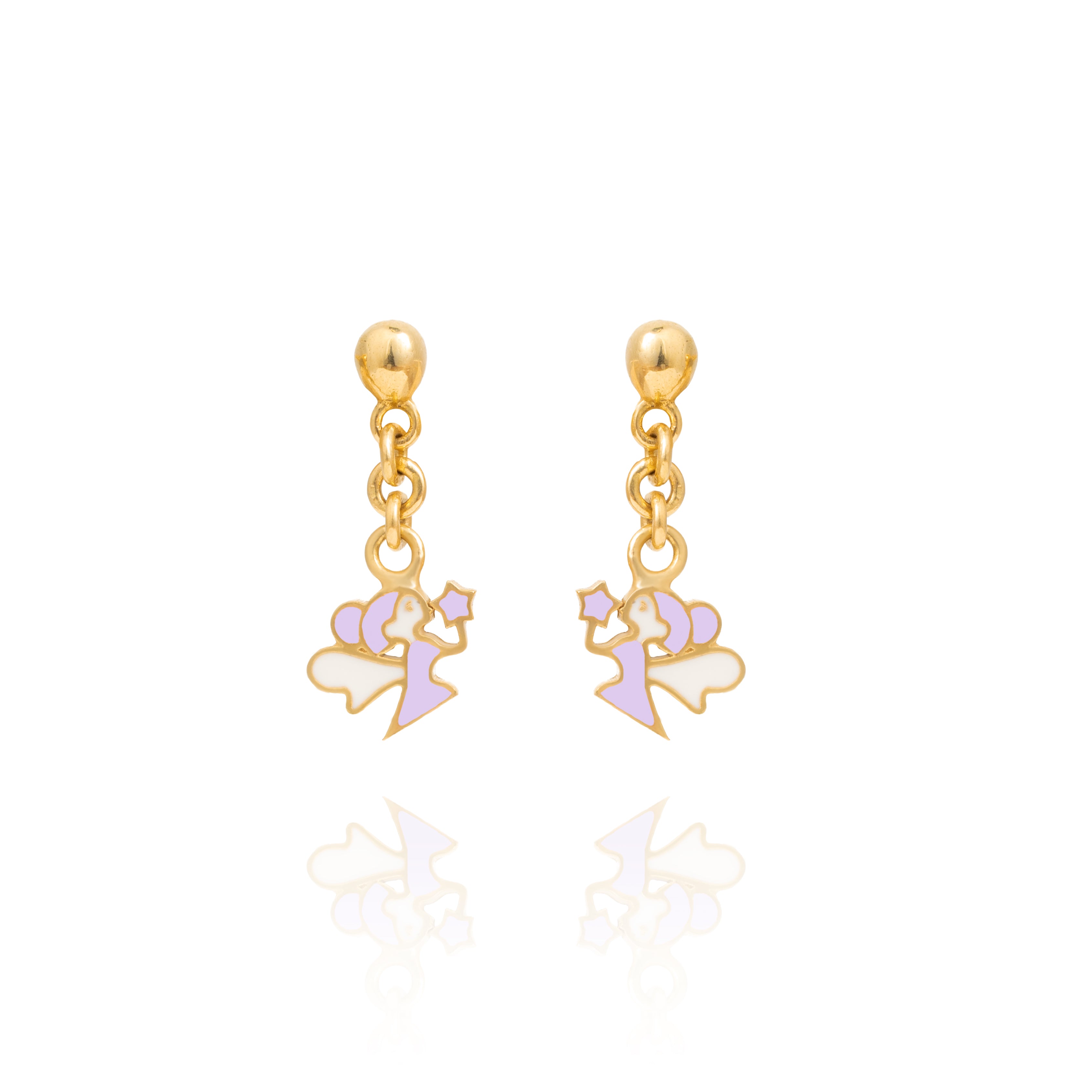 Tiny Jewels gold angel-shaped earrings on a white background