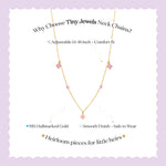 Tiny Jewels gold necklace with pink gemstones on a light purple background with text about the product.
