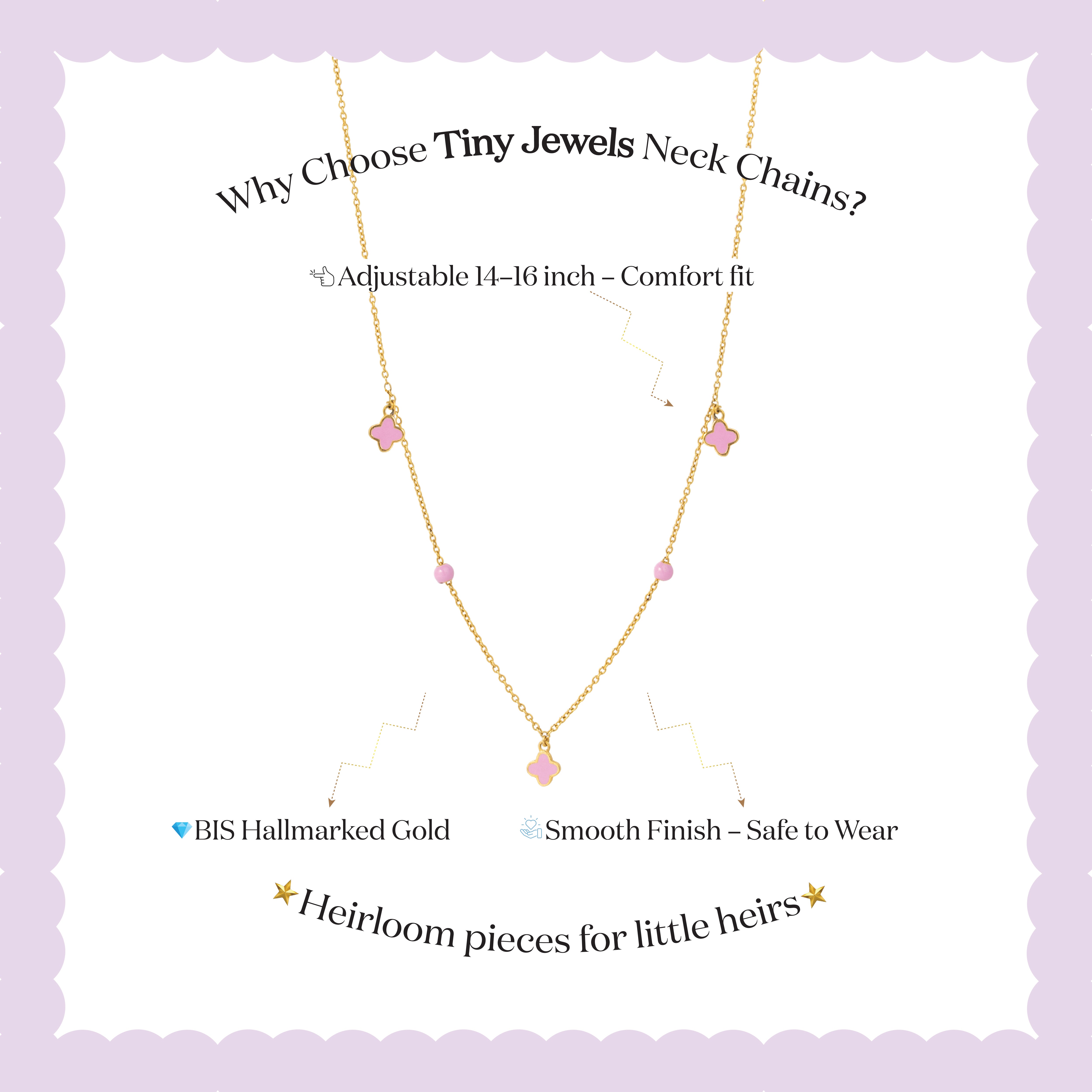 Tiny Jewels gold necklace with pink gemstones on a light purple background with text about the product.
