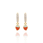Tiny Jewels strawberry-shaped earrings with gold accents on a white background