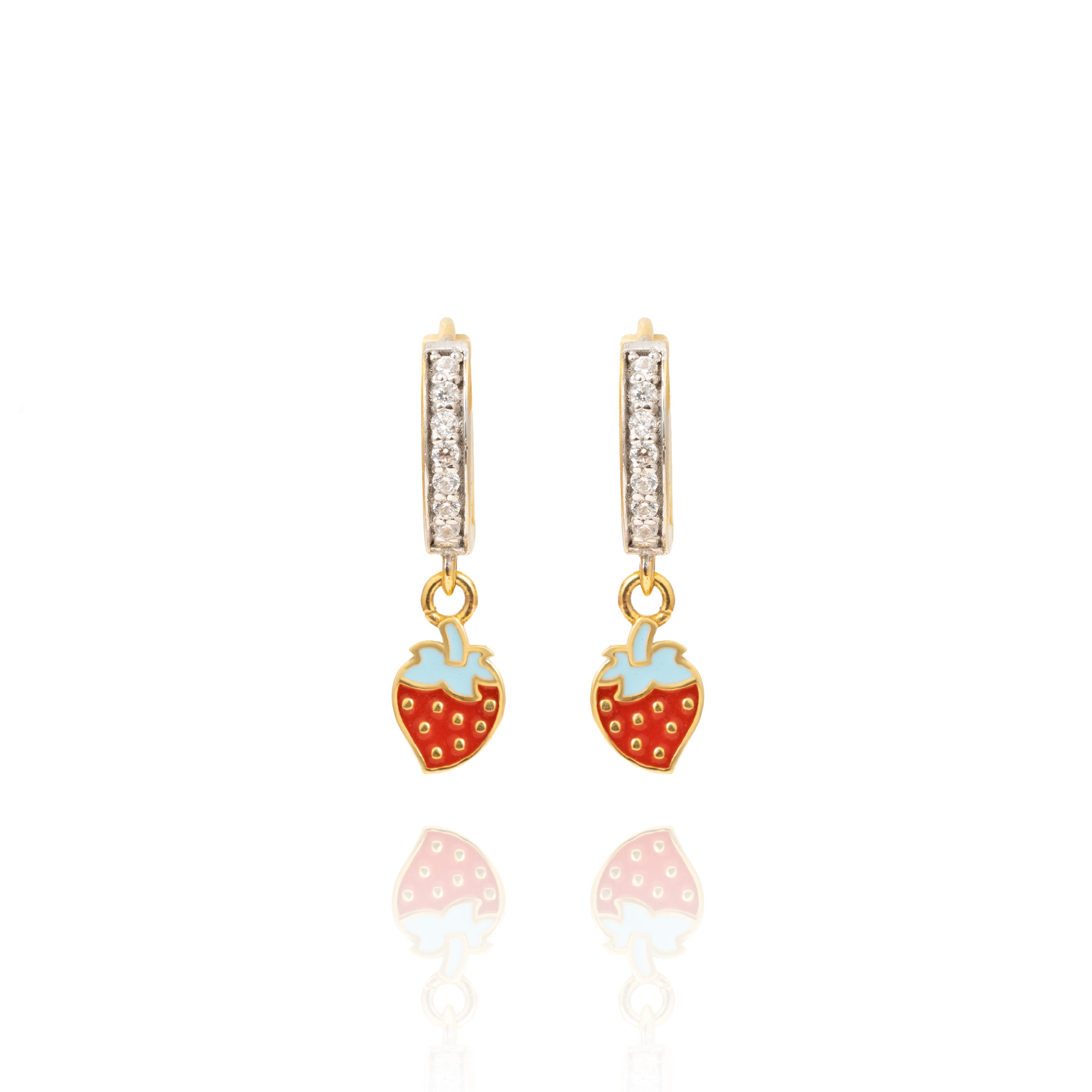 Tiny Jewels strawberry-shaped earrings with gold accents on a white background