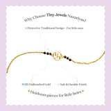 Tiny Jewels gold bracelet with black beads on a white background with promotional text about Tiny Jewels Nazariyas.