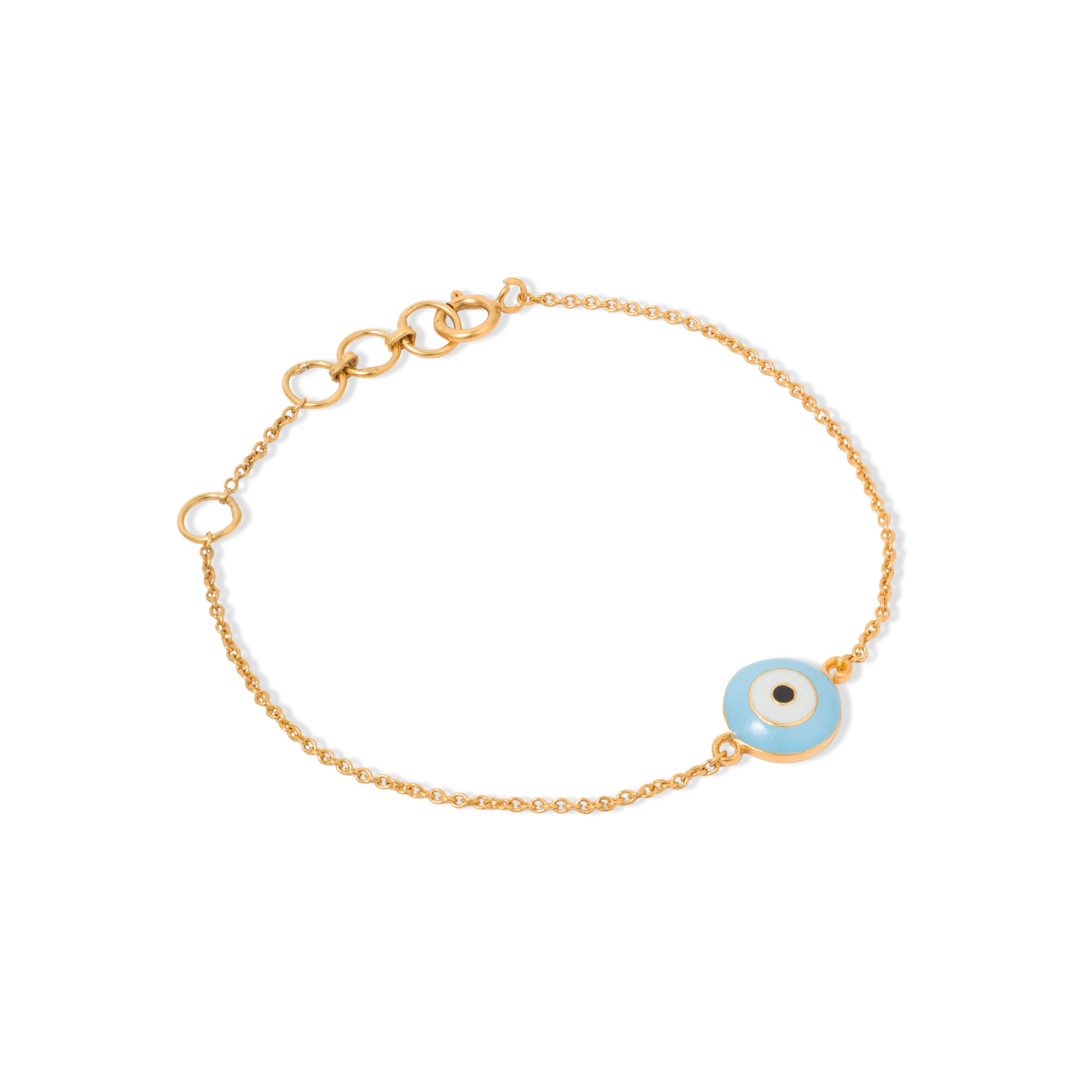 Tiny Jewels gold bracelet with a blue evil eye charm on a white background