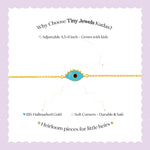 Tiny Jewels bracelet with eye design on a white background with promotional text about Tiny Jewels Kadas.