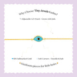 Tiny Jewels bracelet with eye design on a white background with promotional text about Tiny Jewels Kadas.