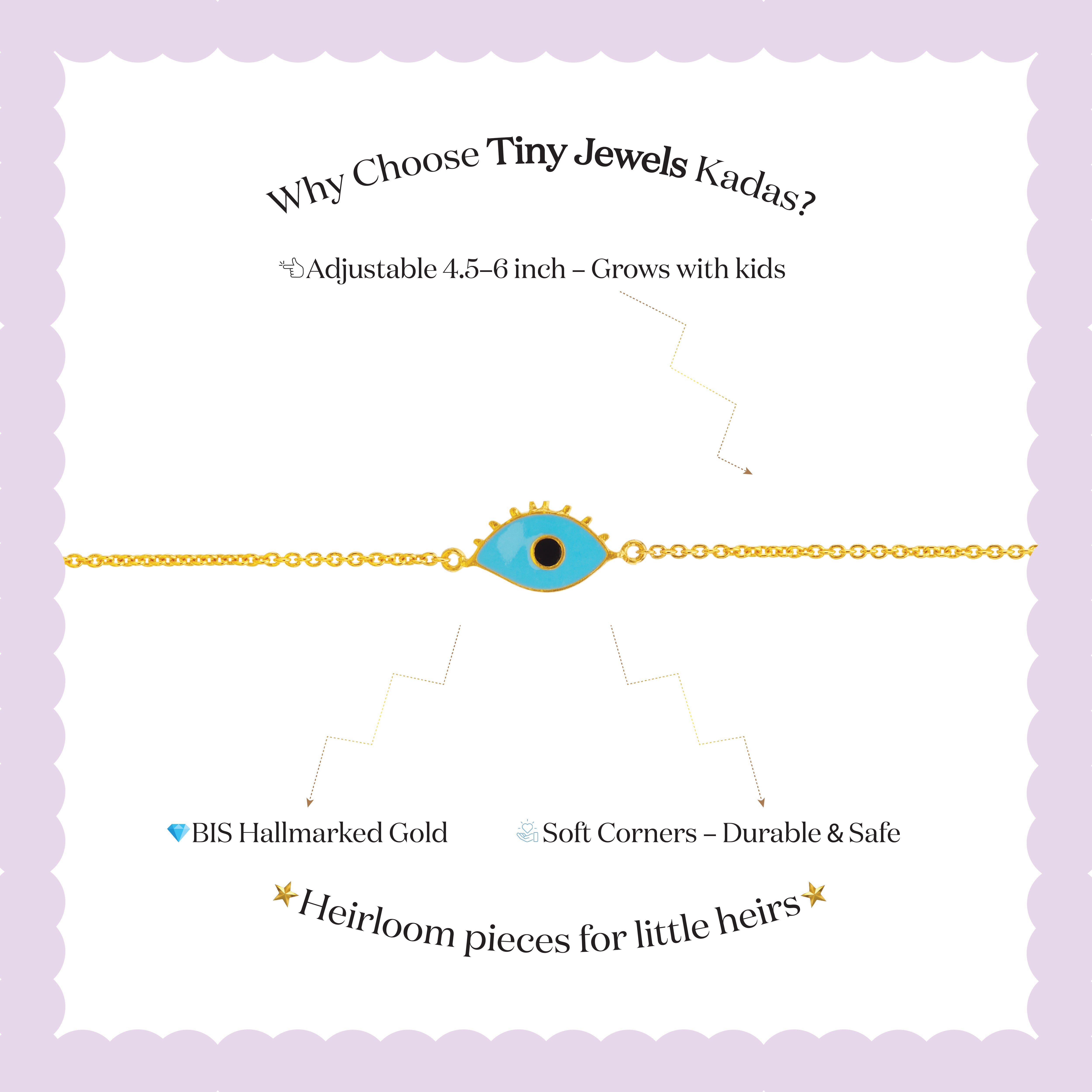 Tiny Jewels bracelet with eye design on a white background with promotional text about Tiny Jewels Kadas.