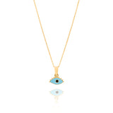 Tiny Jewels Gold pendant with a blue eye design on a white background