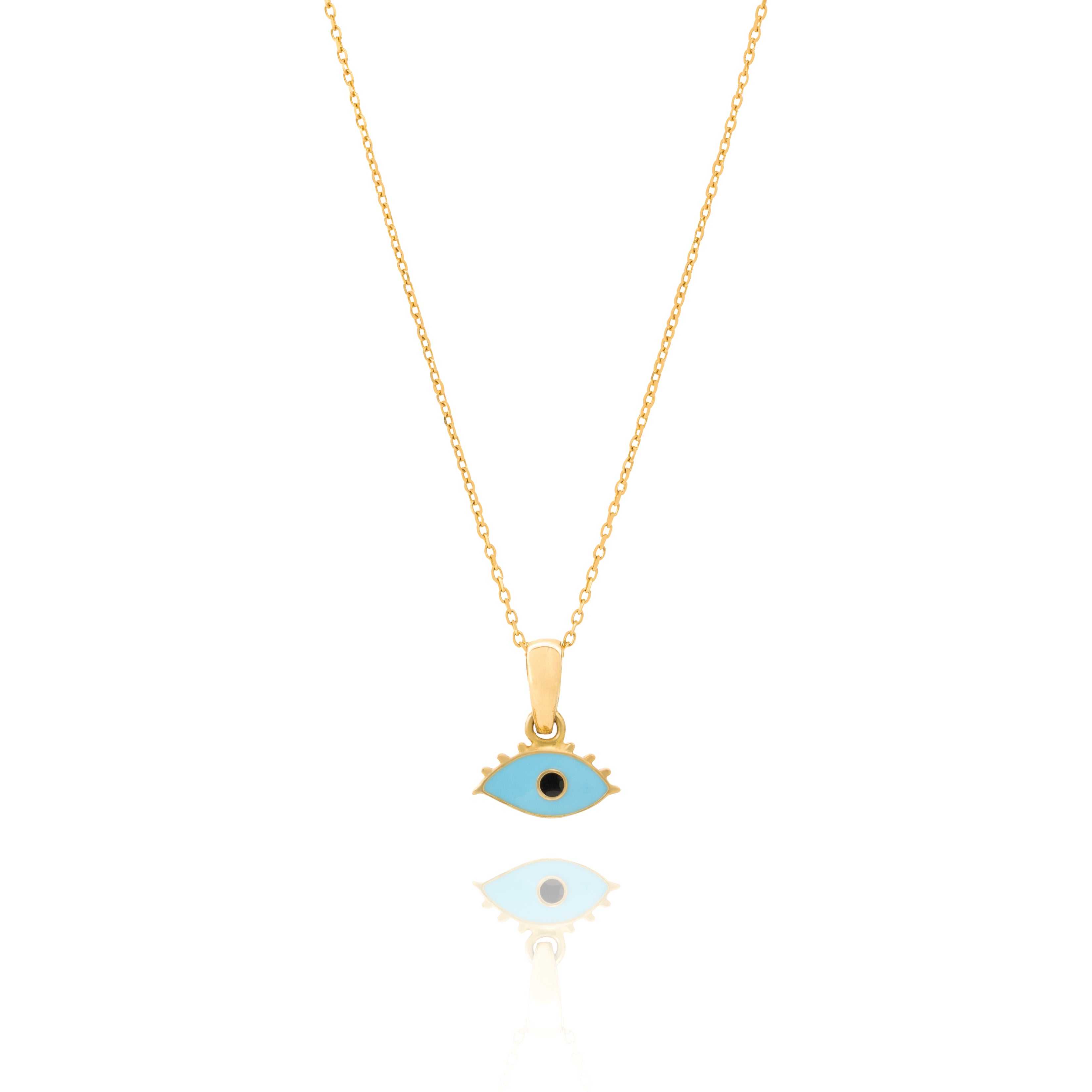Tiny Jewels Gold pendant with a blue eye design on a white background