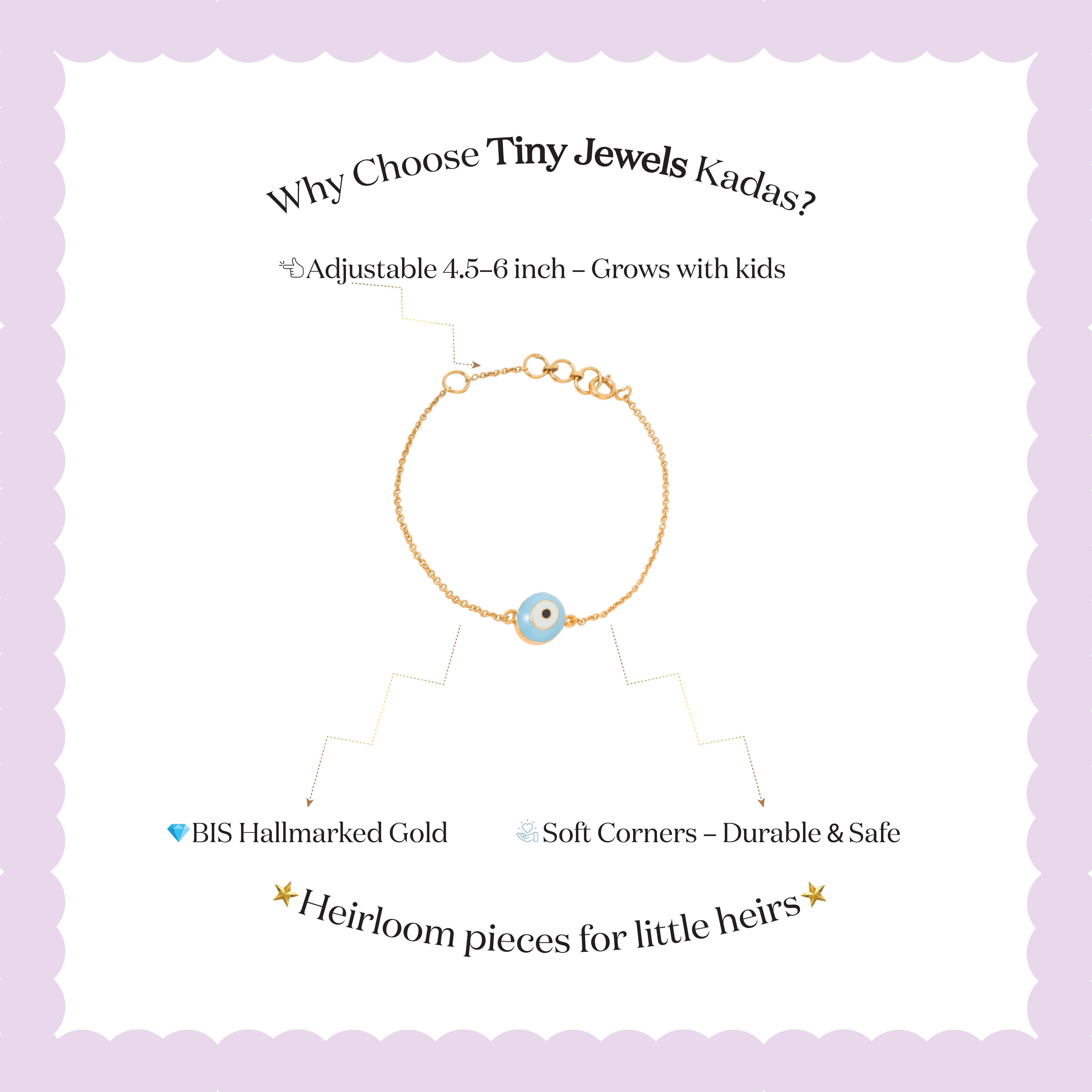 Tiny Jewels advertisement for Tiny Jewels Kadas bracelet with gold chain and blue evil eye charm on a light purple background.