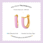 Tiny Jewels gold and pink hoop earrings on a light purple background with text about Tiny Jewels Balis.