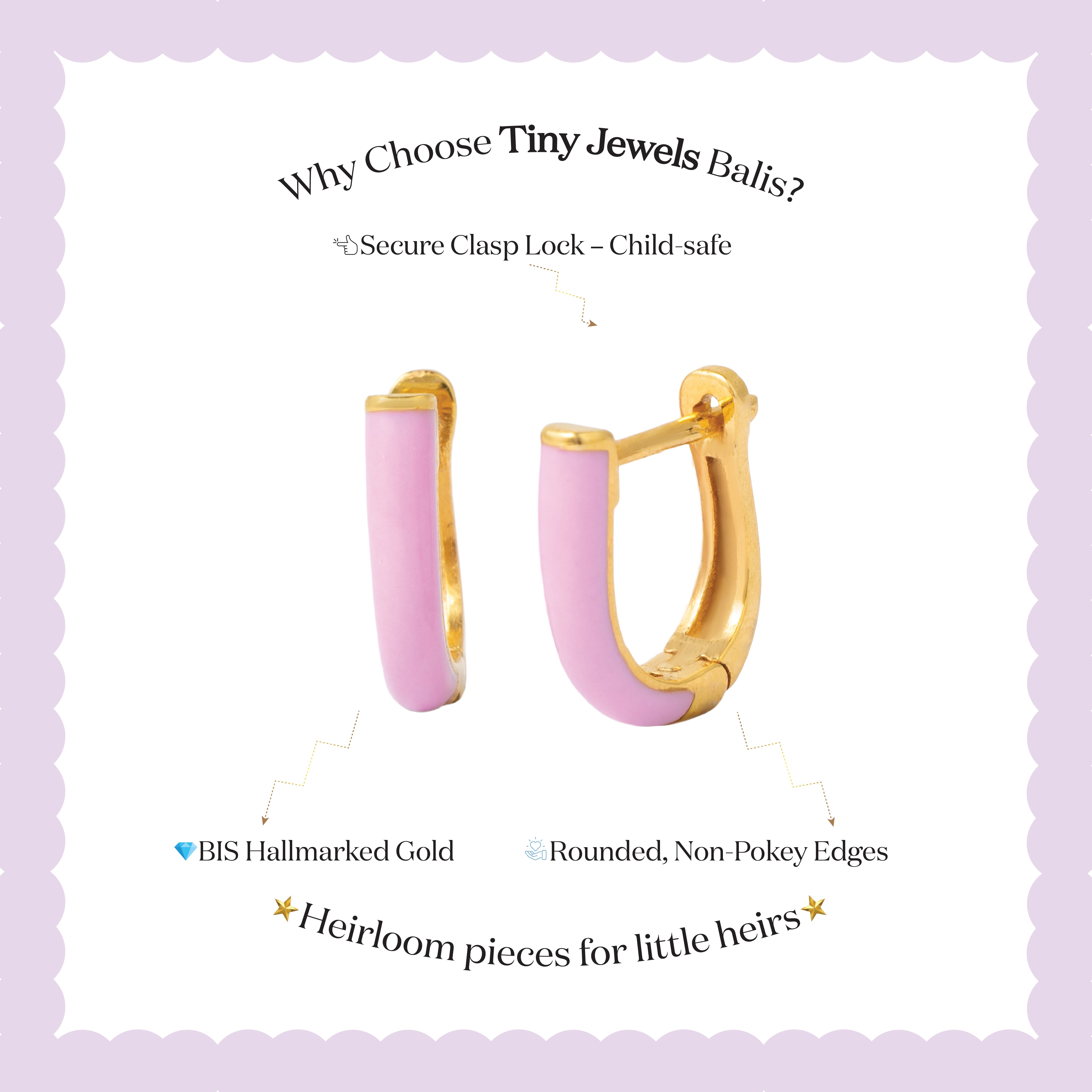 Tiny Jewels gold and pink hoop earrings on a light purple background with text about Tiny Jewels Balis.