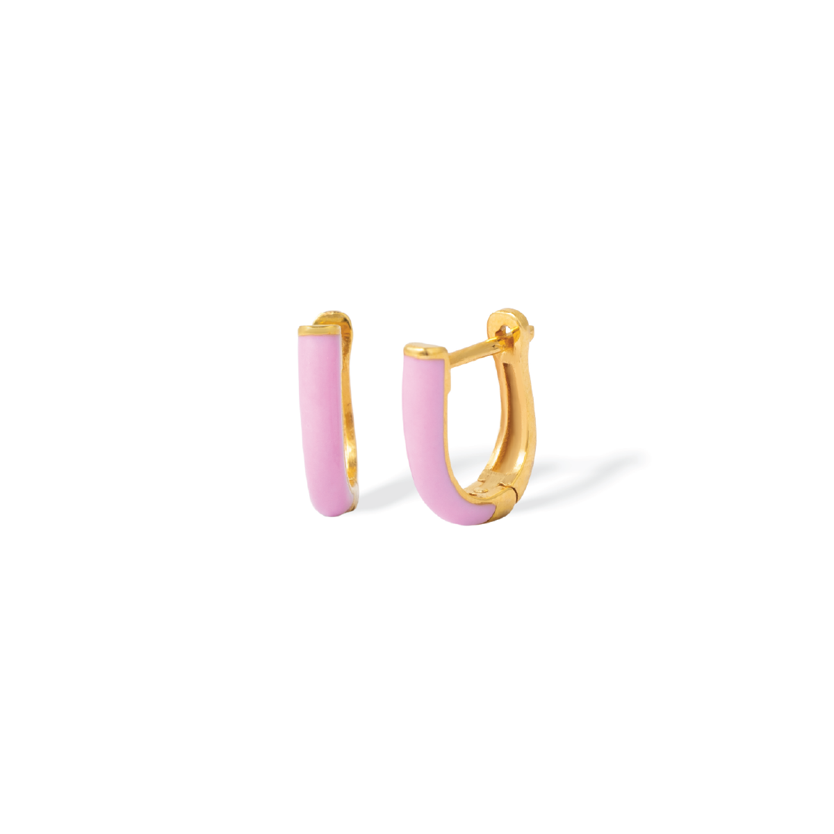 Tiny Jewels gold hoop earrings with pink enamel on a white background