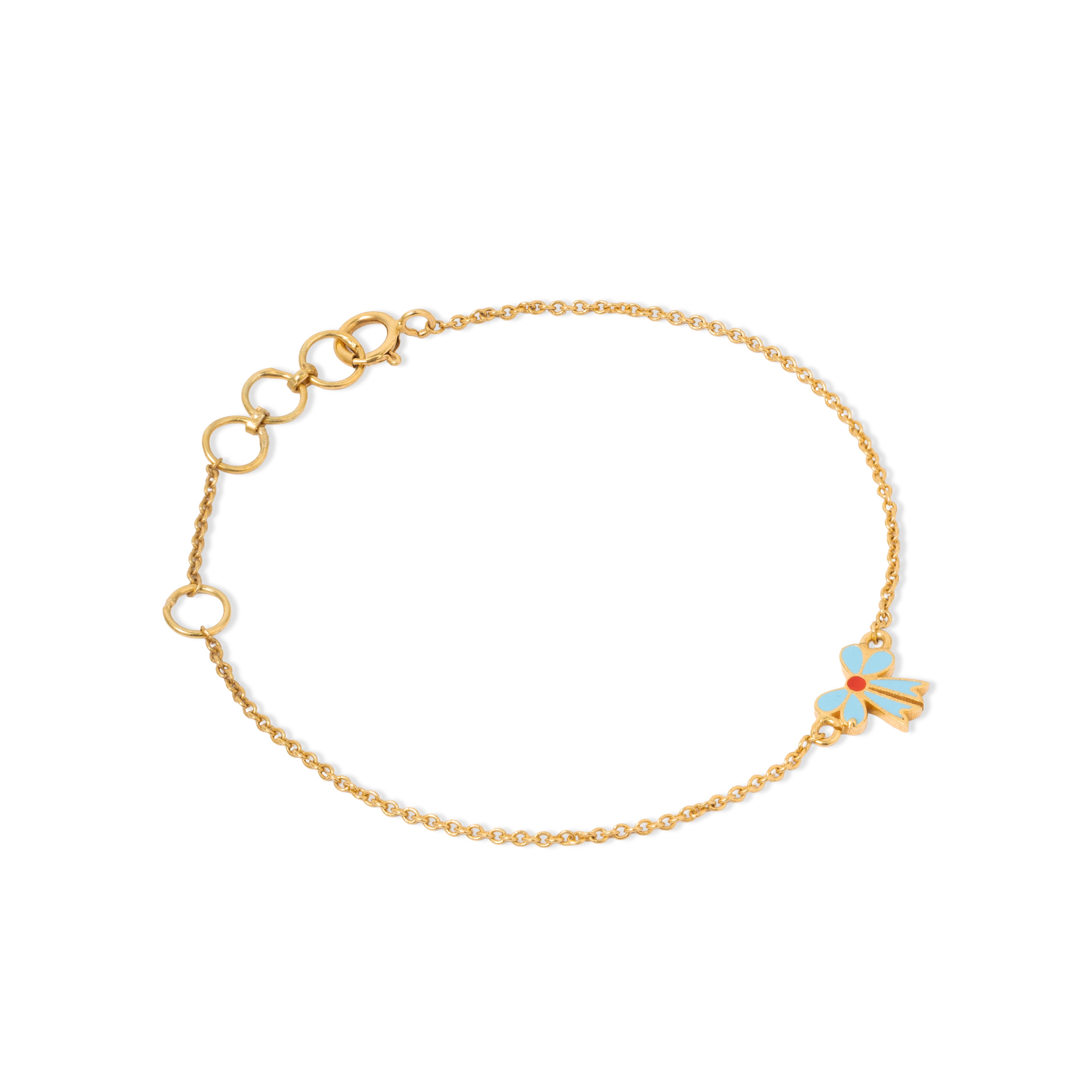 Tiny Jewels gold bracelet with a blue flower charm on a white background