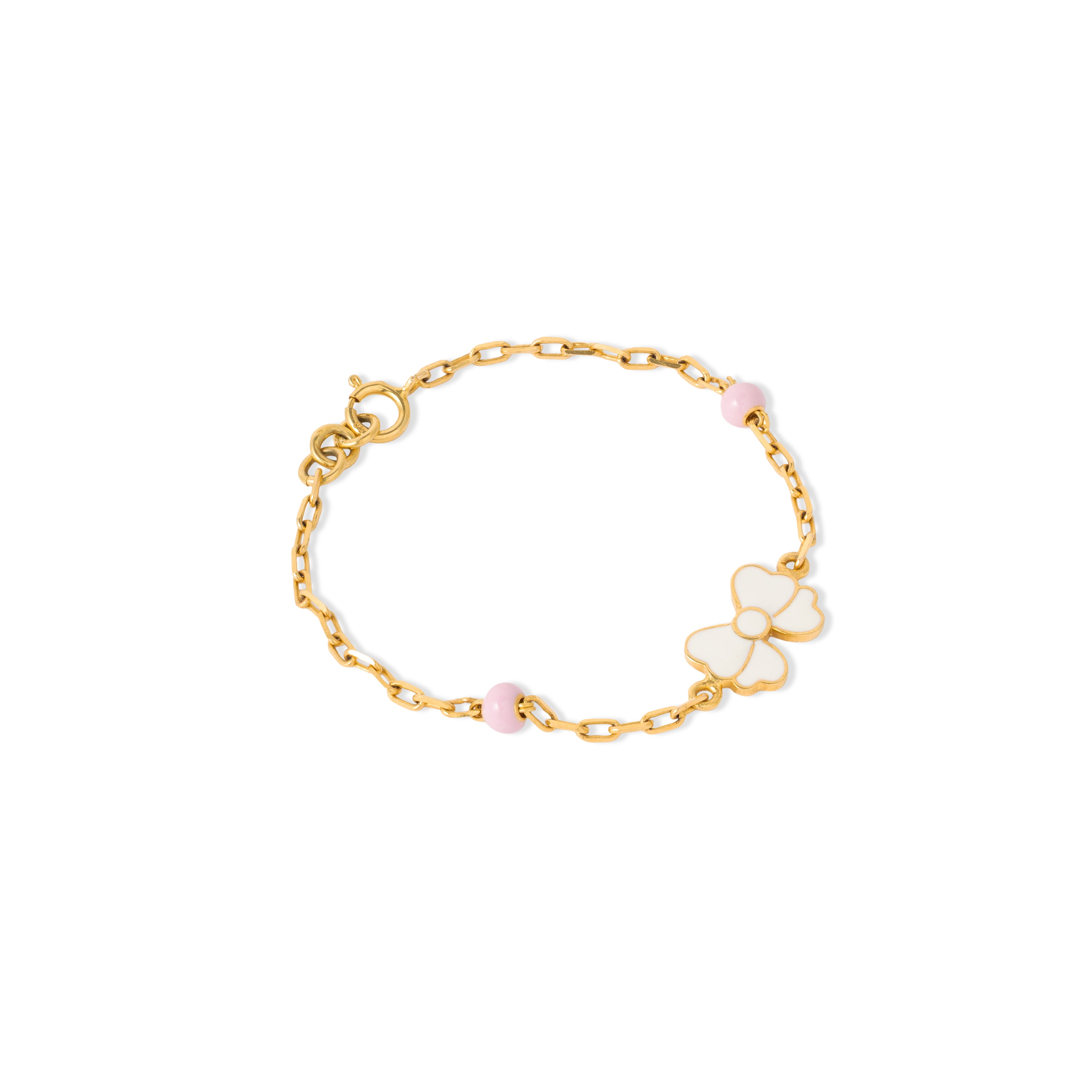 Tiny Jewels gold bracelet with a white flower charm and pink beads on a white background